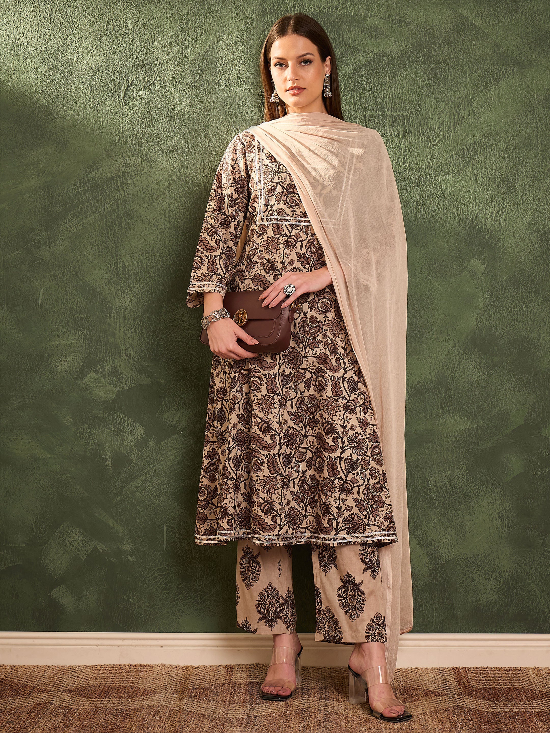 Women Brown & Beige Floral Yoke Kurta Set with Dupatta - Image 2
