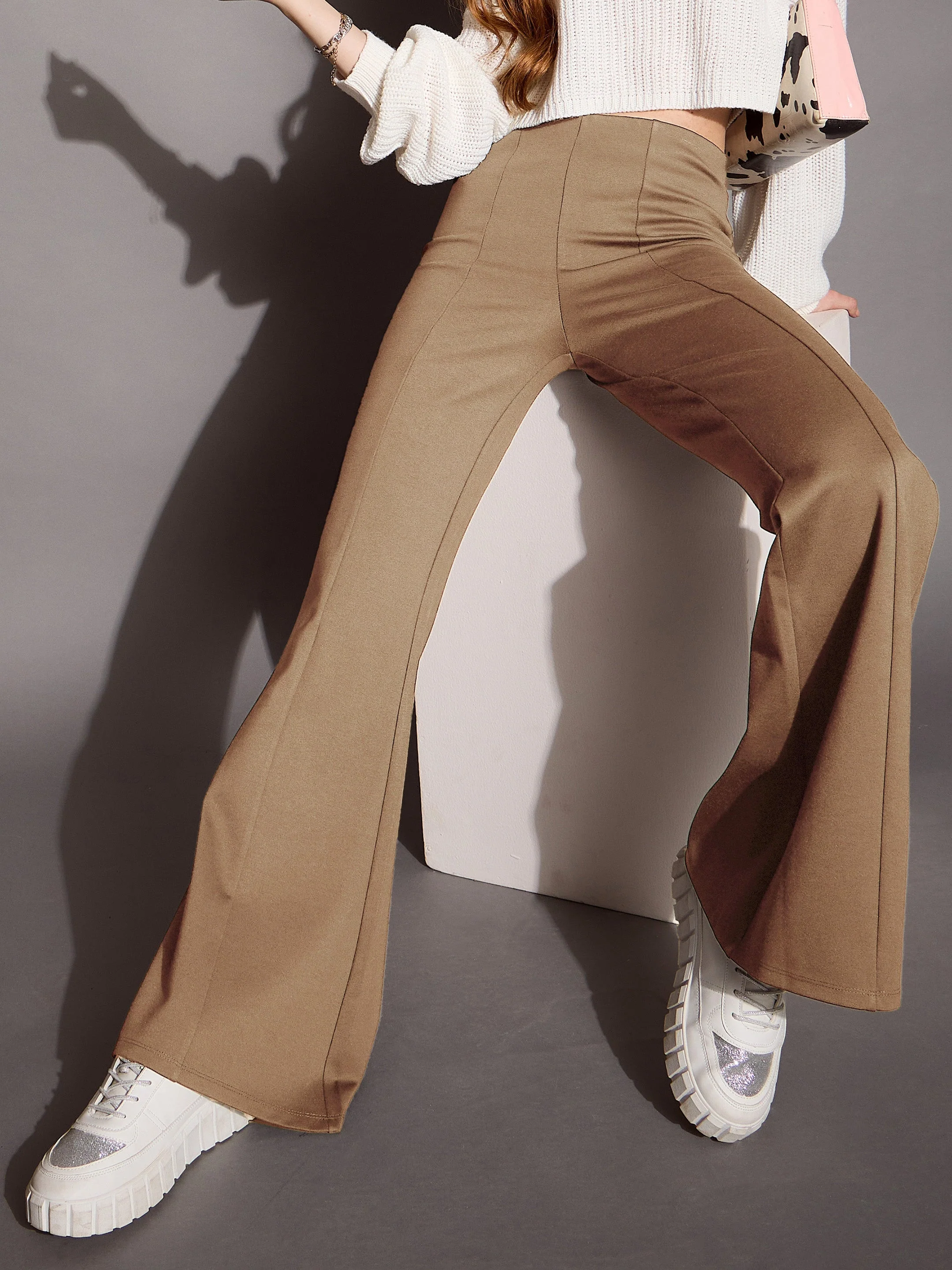 Women Brown Bootcut Flared High-Rise Trousers - Image 3