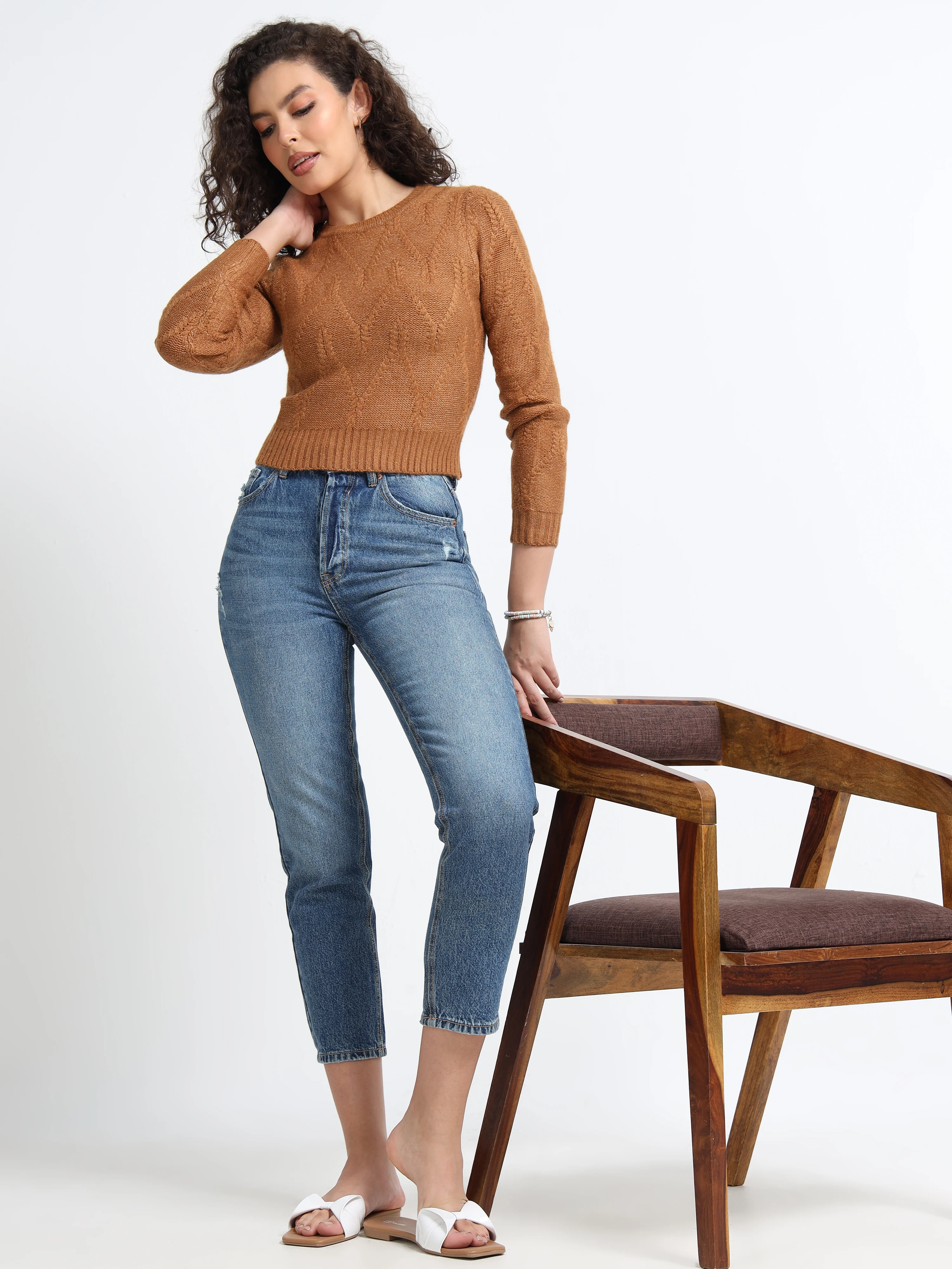 Women Brown Cable Knit Sweater - Image 2