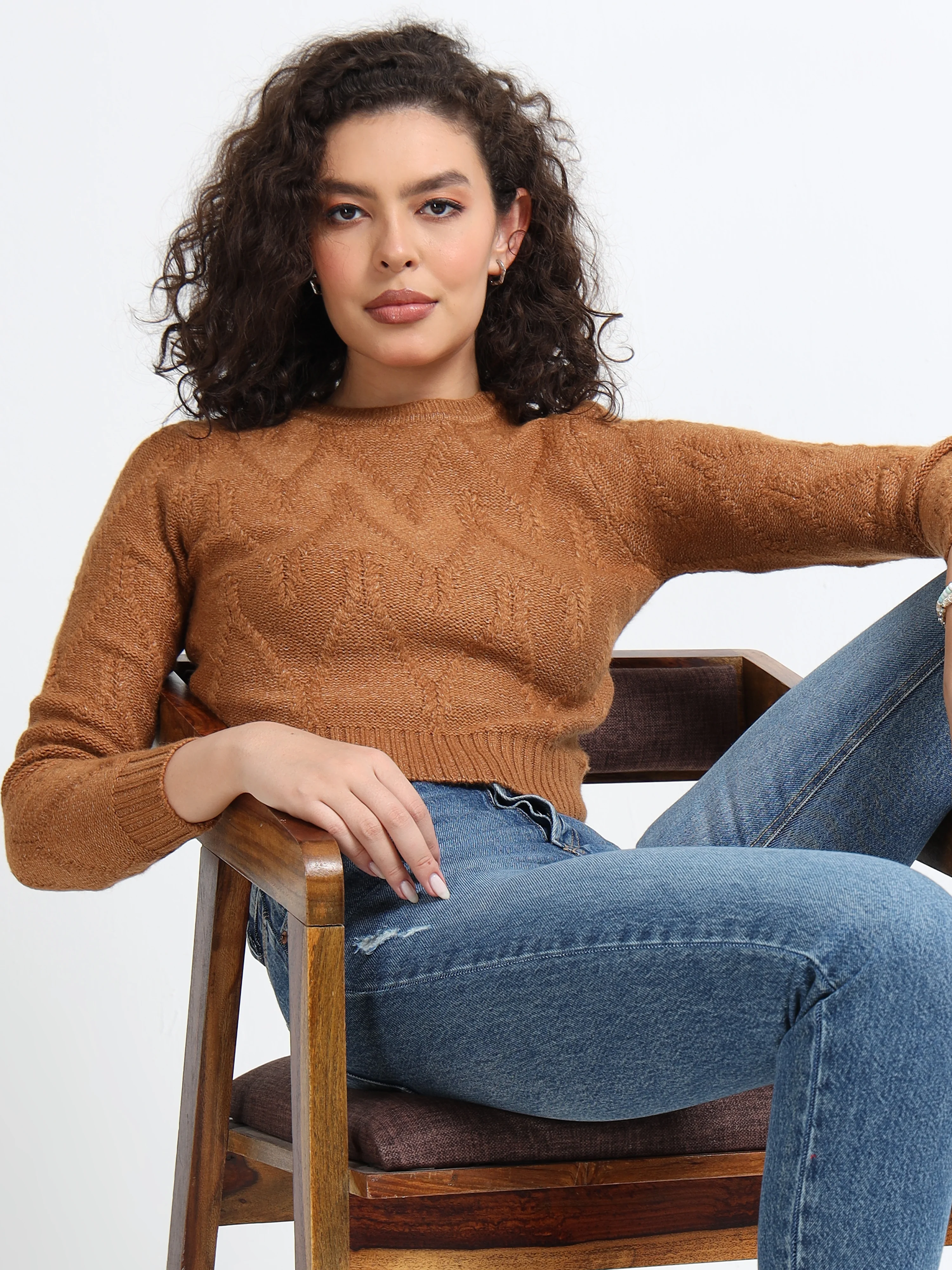 Women Brown Cable Knit Sweater - Image 3