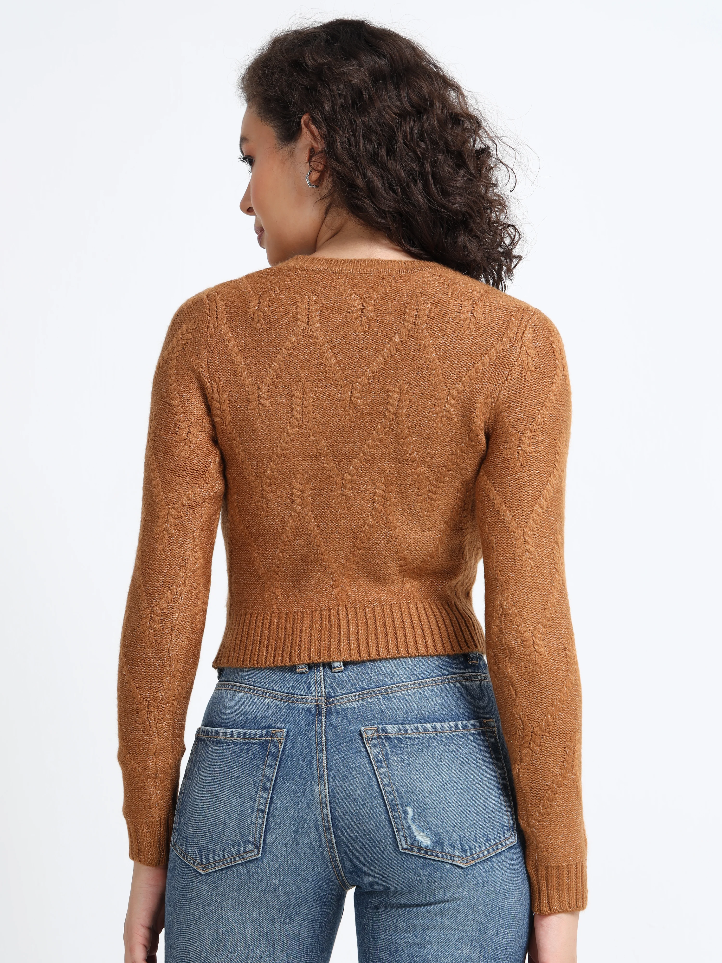 Women Brown Cable Knit Sweater - Image 4