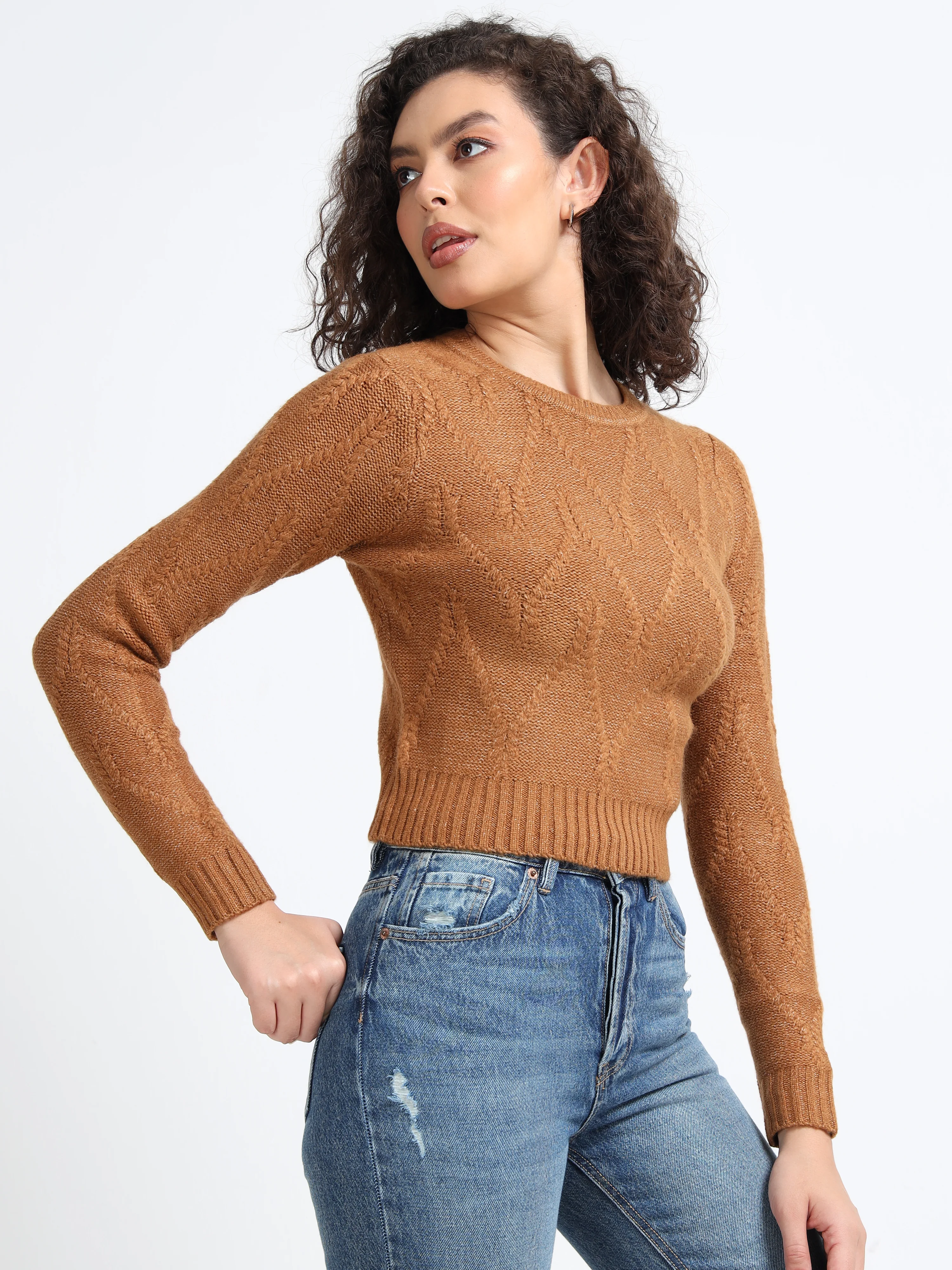 Women Brown Cable Knit Sweater - Image 5