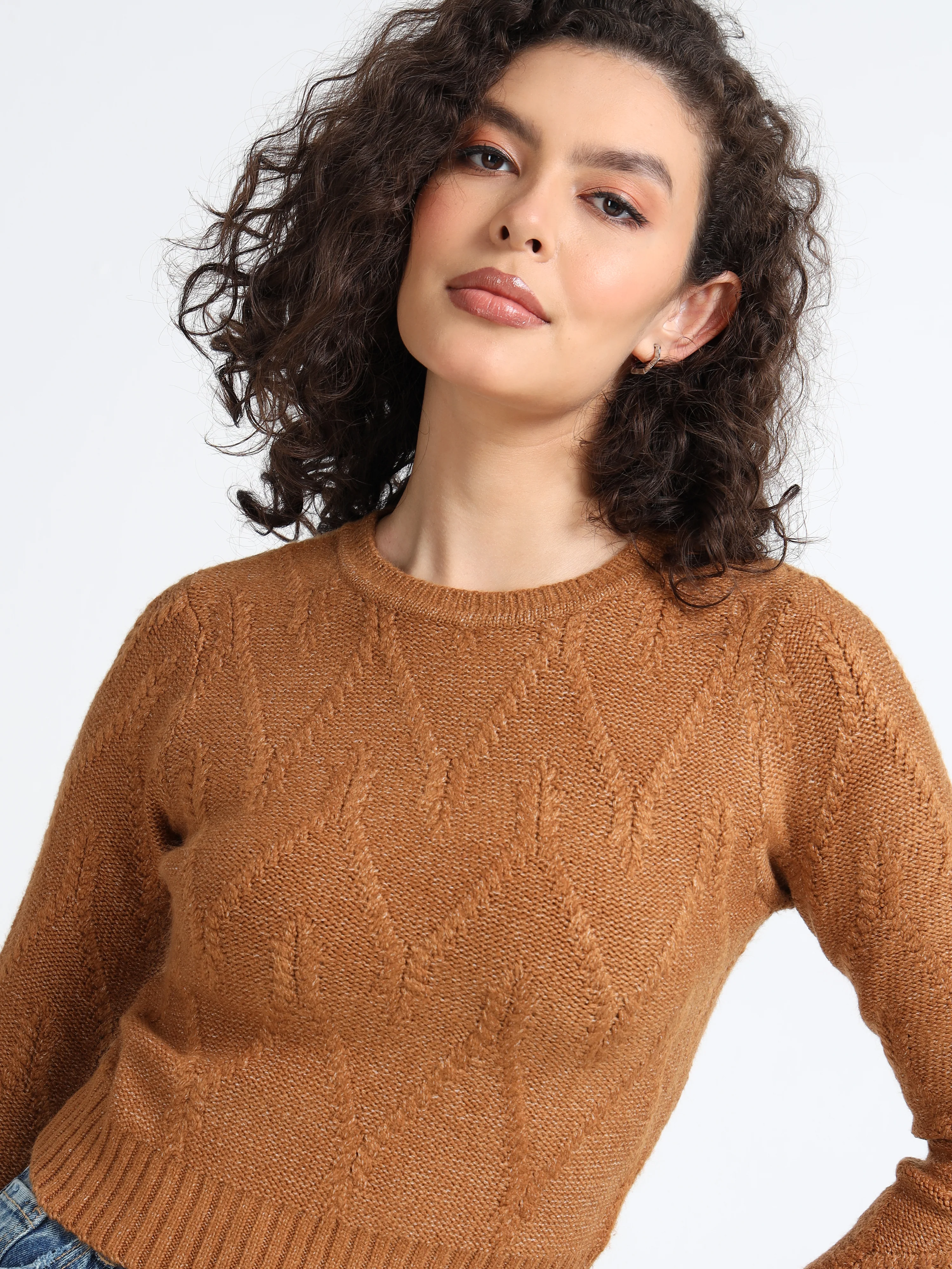 Women Brown Cable Knit Sweater - Image 6
