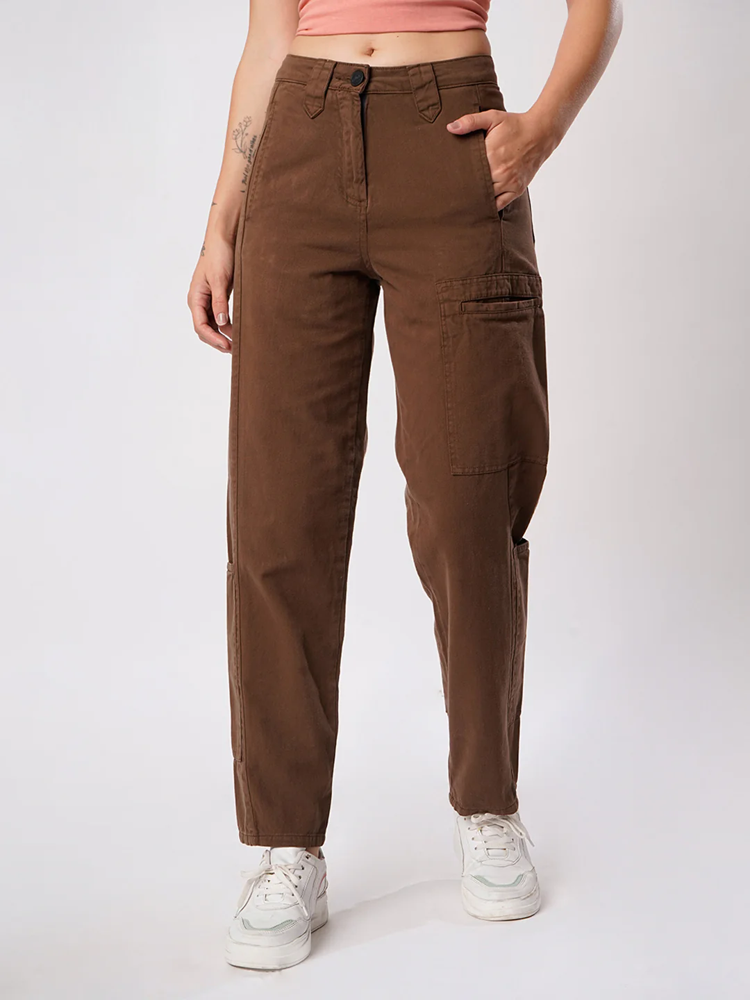 Women Brown Cargo Trouser with Waistband detailing - Image 2