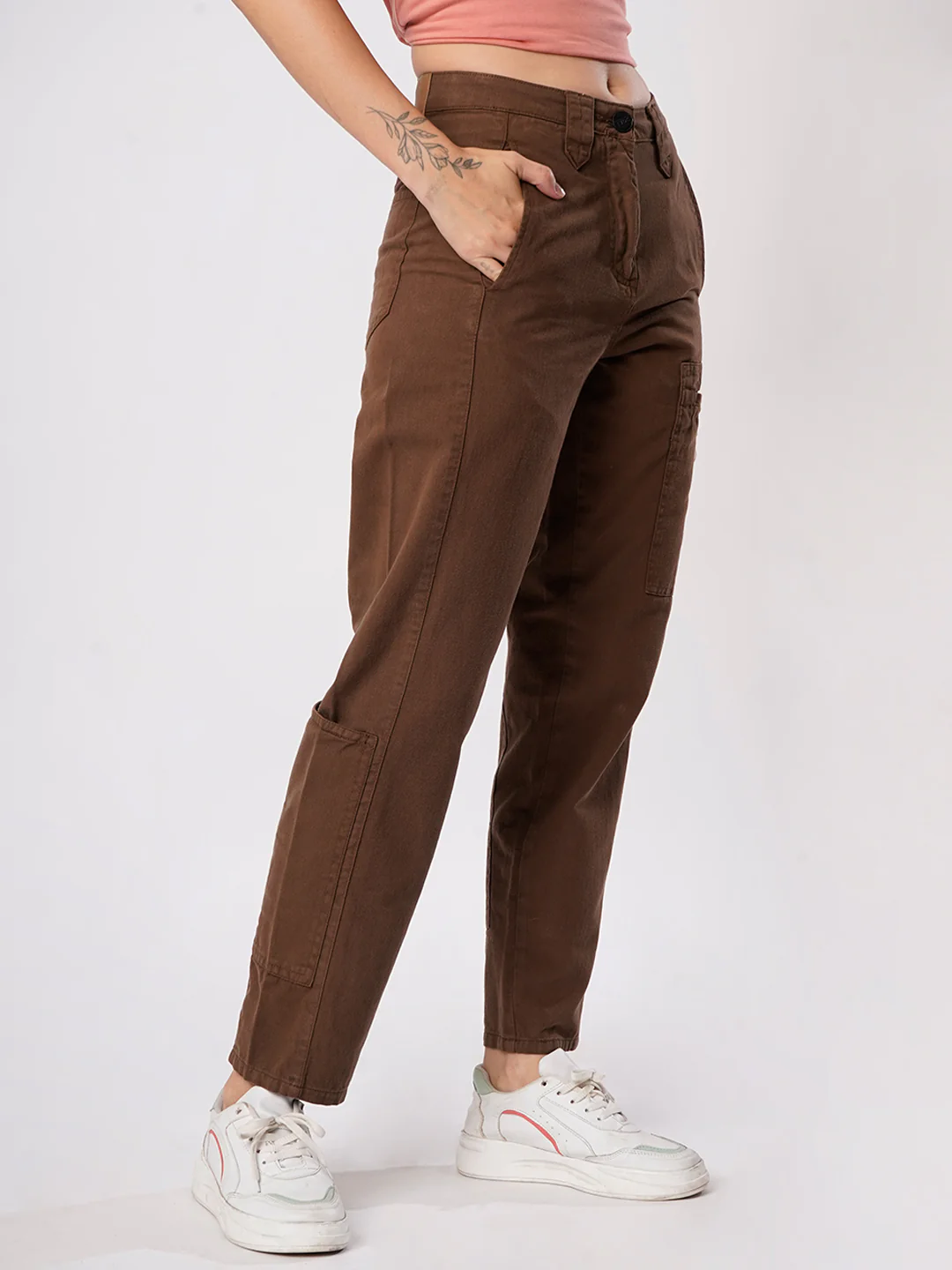 Women Brown Cargo Trouser with Waistband detailing - Image 3