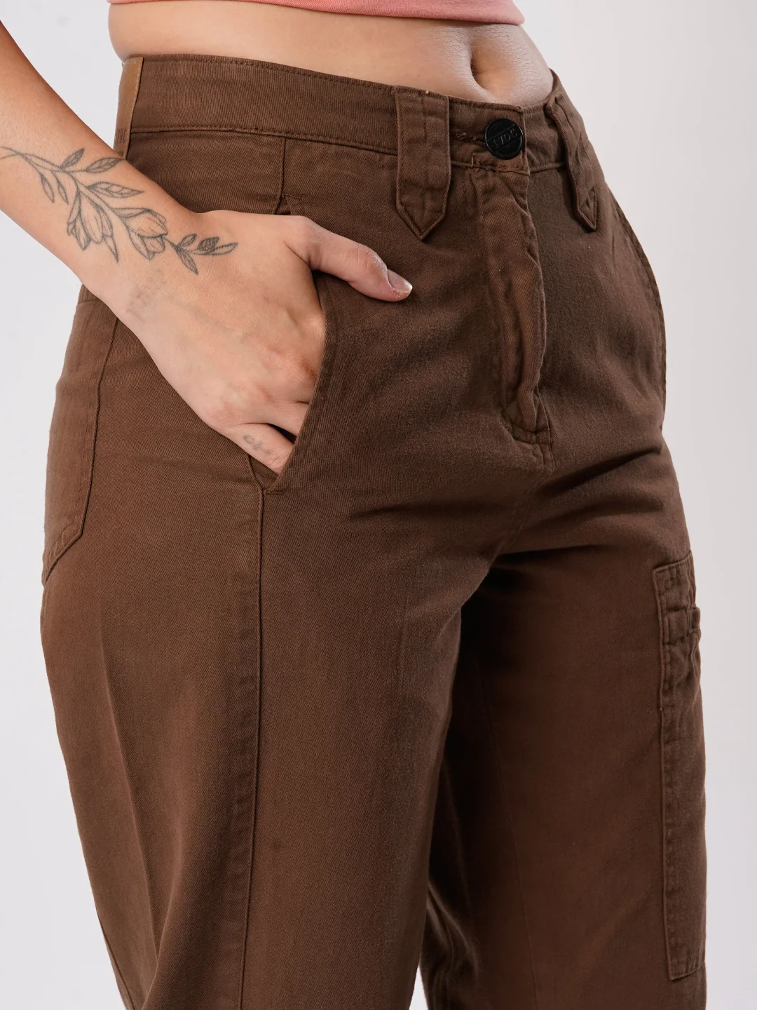 Women Brown Cargo Trouser with Waistband detailing - Image 4