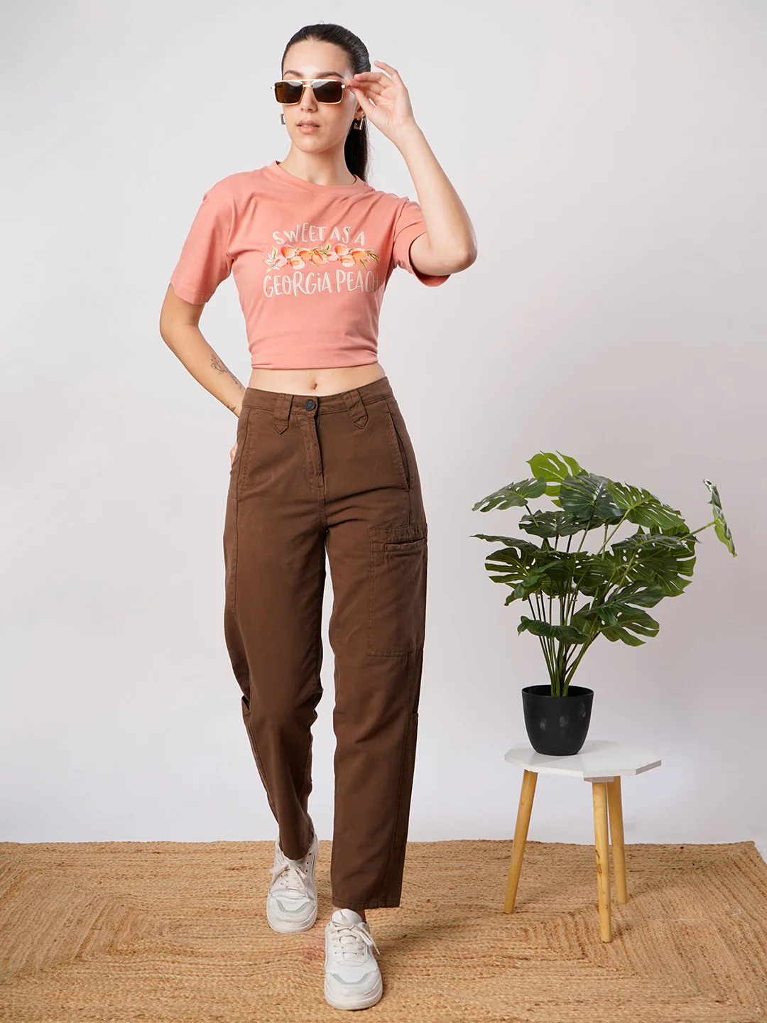 Women Brown Cargo Trouser with Waistband detailing - Image 7