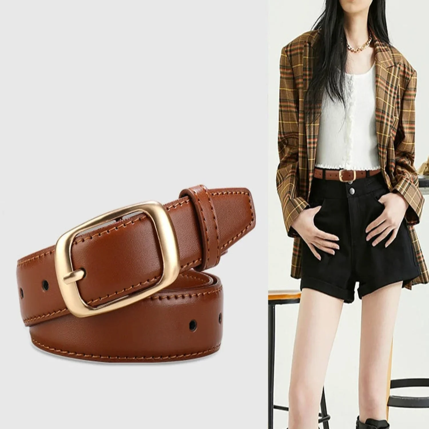Women Brown Classic Rectangle Buckle Brown Belt - Image 2