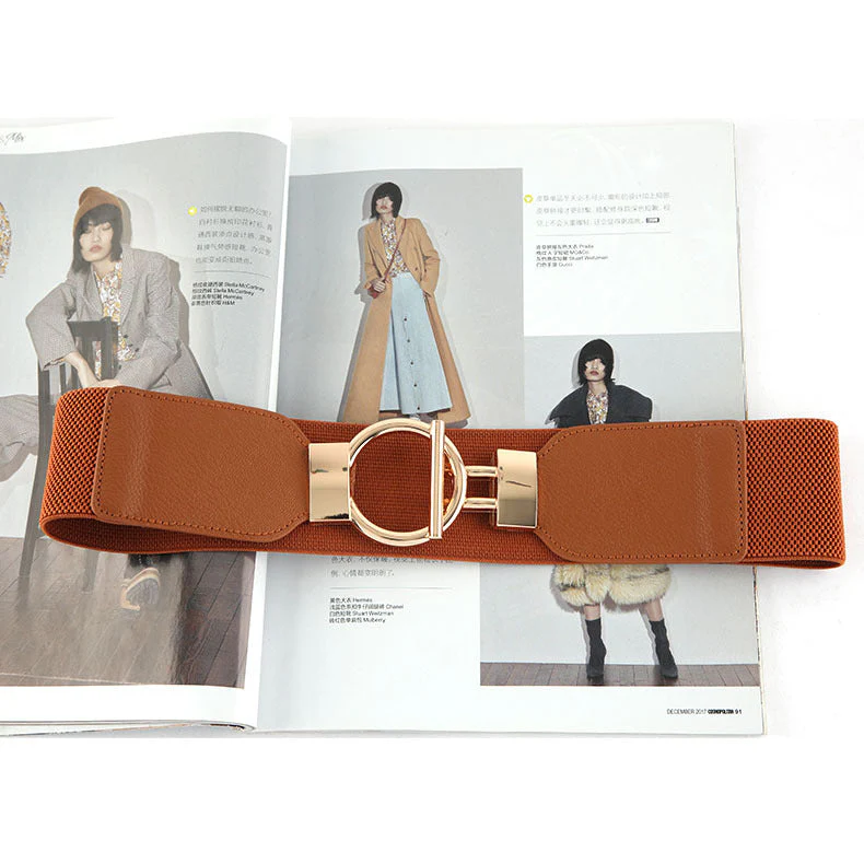 Women Brown Coat Wide Elastic Belt