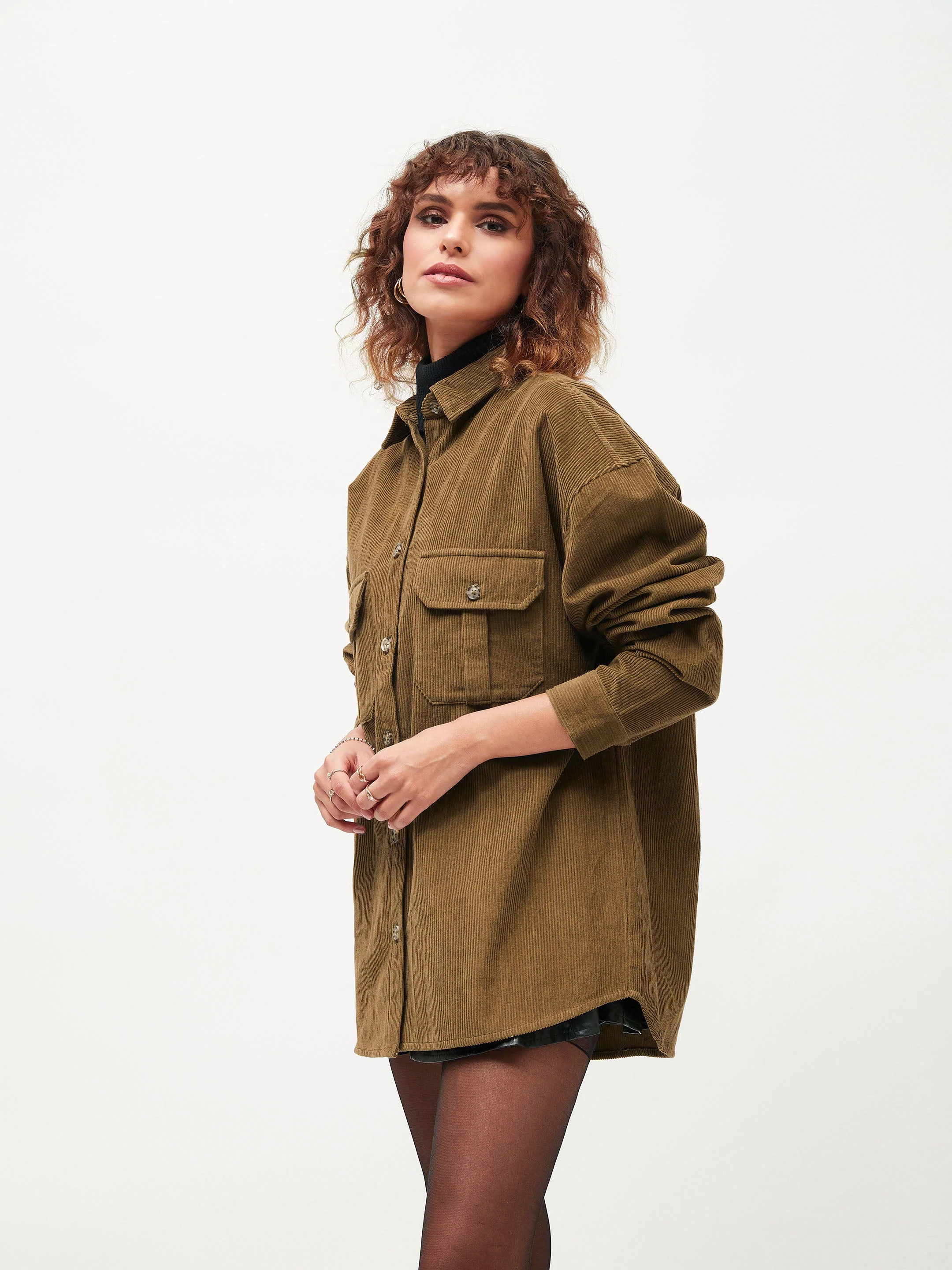Women Brown Corduroy Oversized Shirt - Image 3