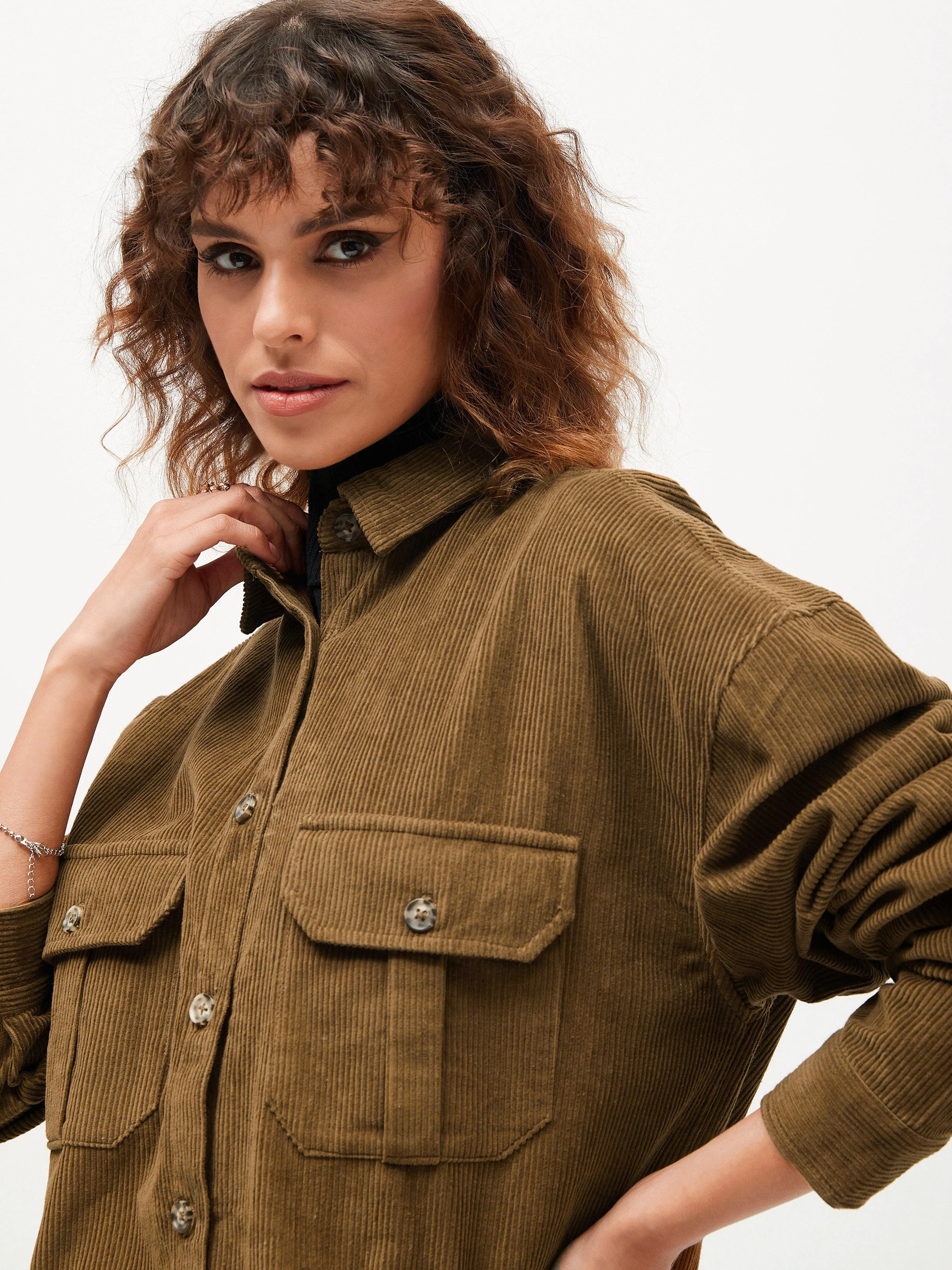 Women Brown Corduroy Oversized Shirt - Image 4