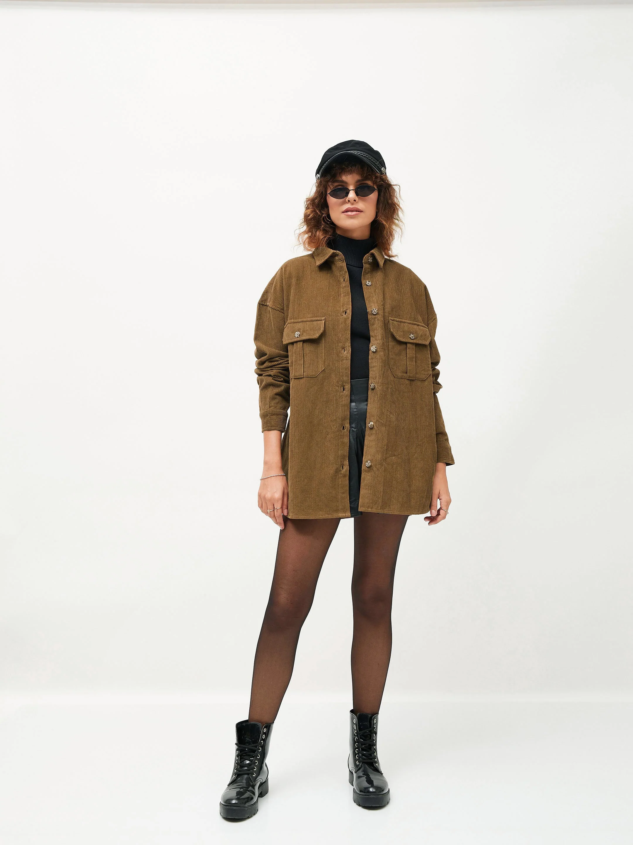 Women Brown Corduroy Oversized Shirt - Image 6