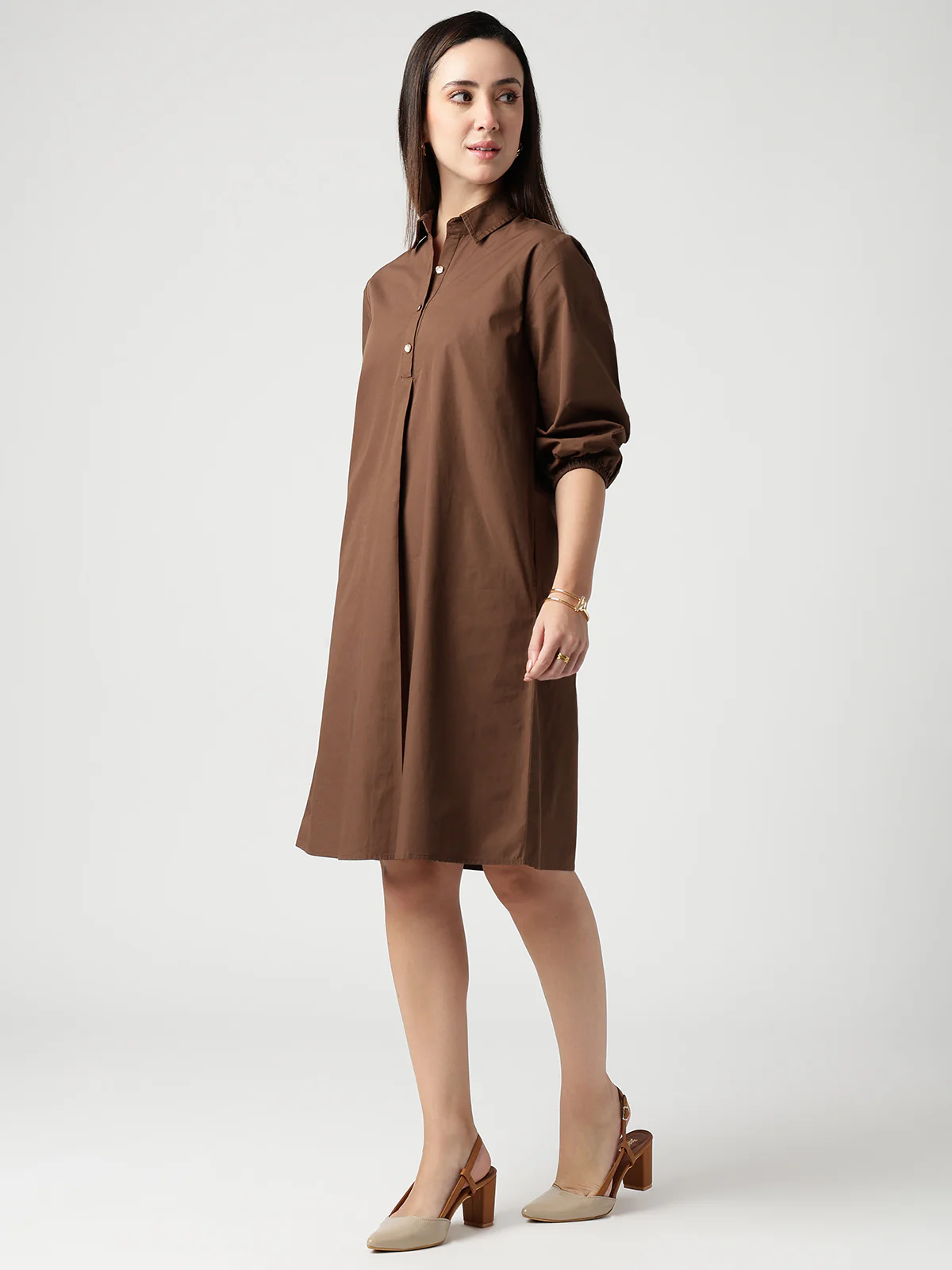 Women Brown Cotton Buttoned Shirt Dress - Image 3