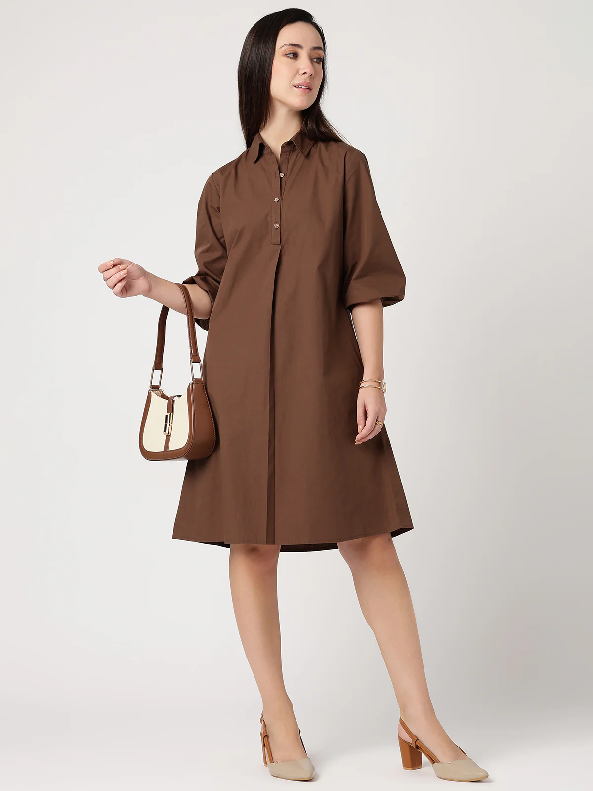 Women Brown Cotton Buttoned Shirt Dress - Image 4