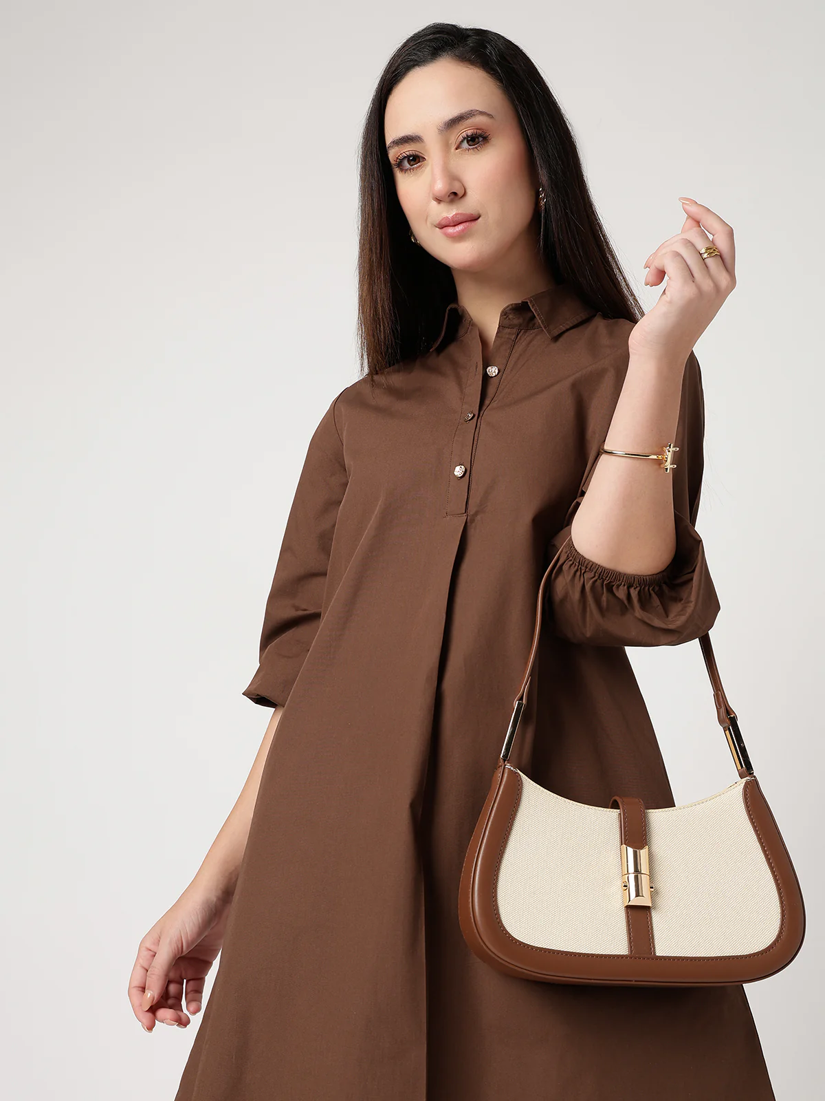 Women Brown Cotton Buttoned Shirt Dress - Image 5