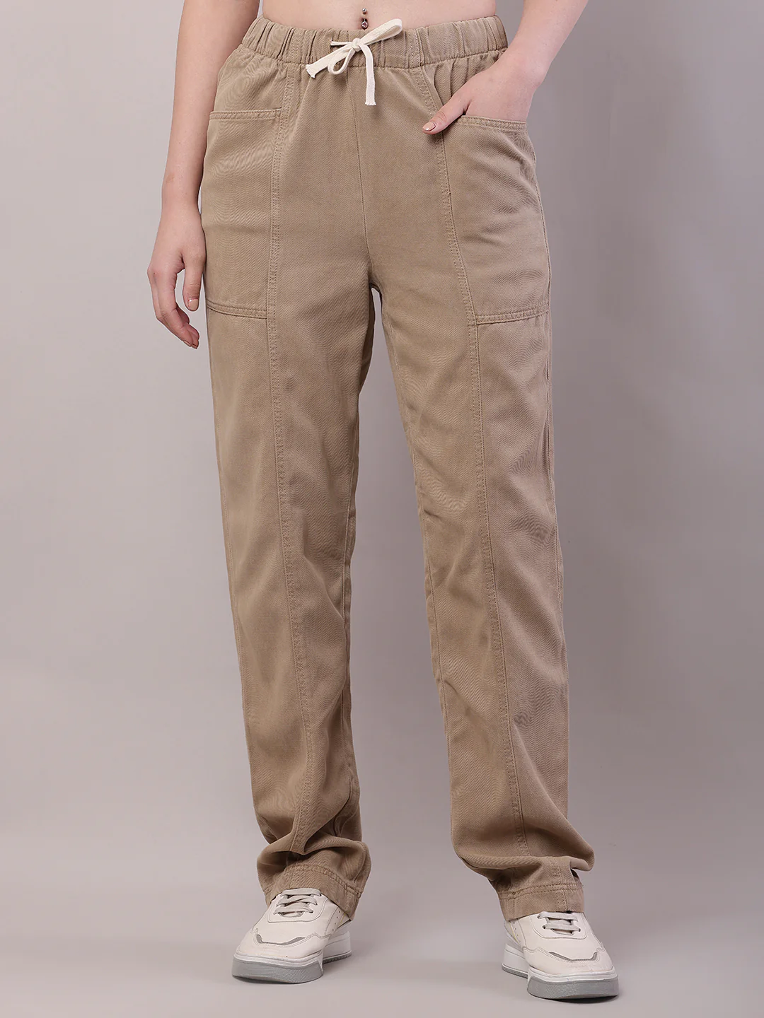 Women Brown Cotton Elastic Drawstring Trouser