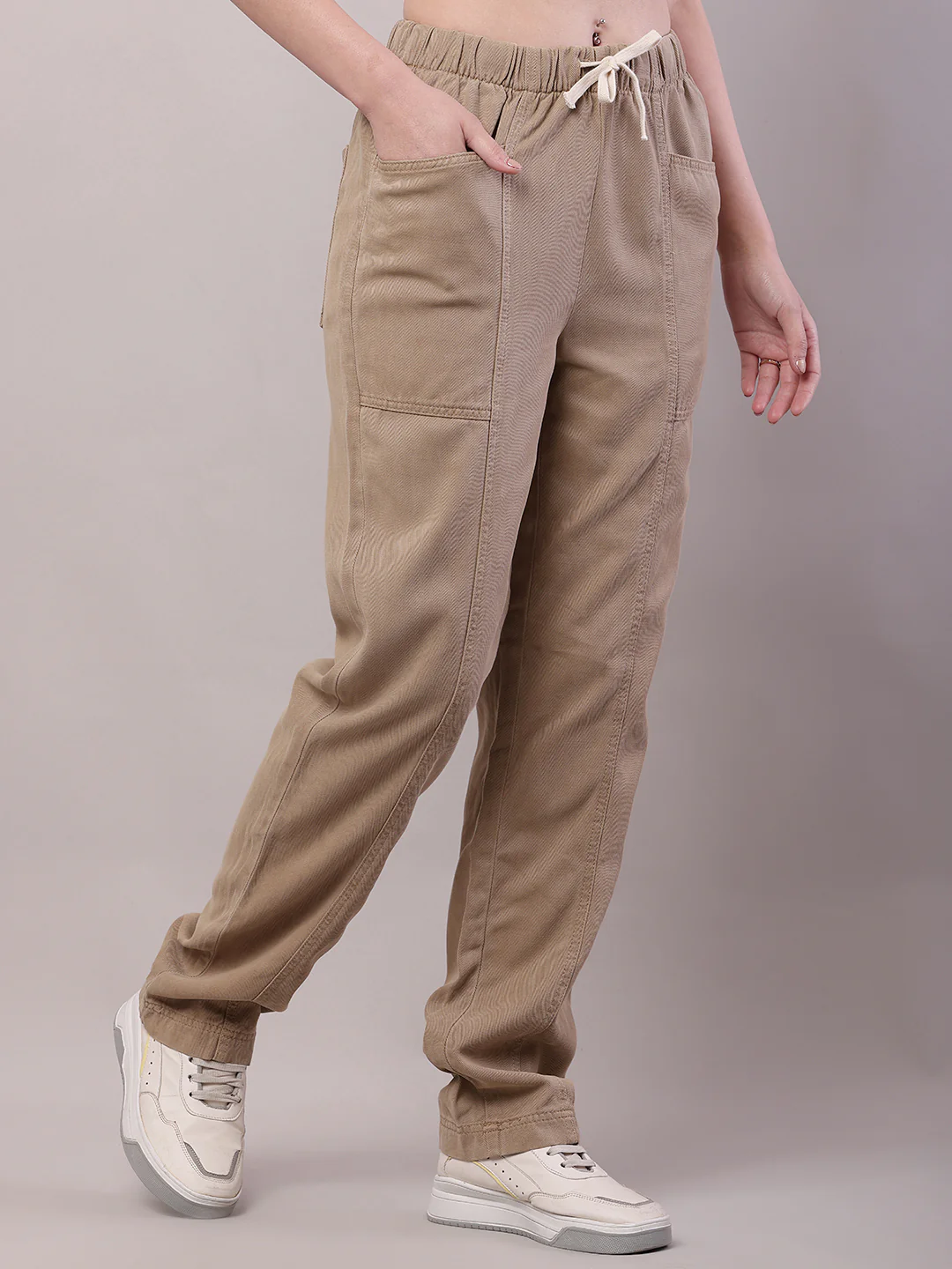 Women Brown Cotton Elastic Drawstring Trouser - Image 2