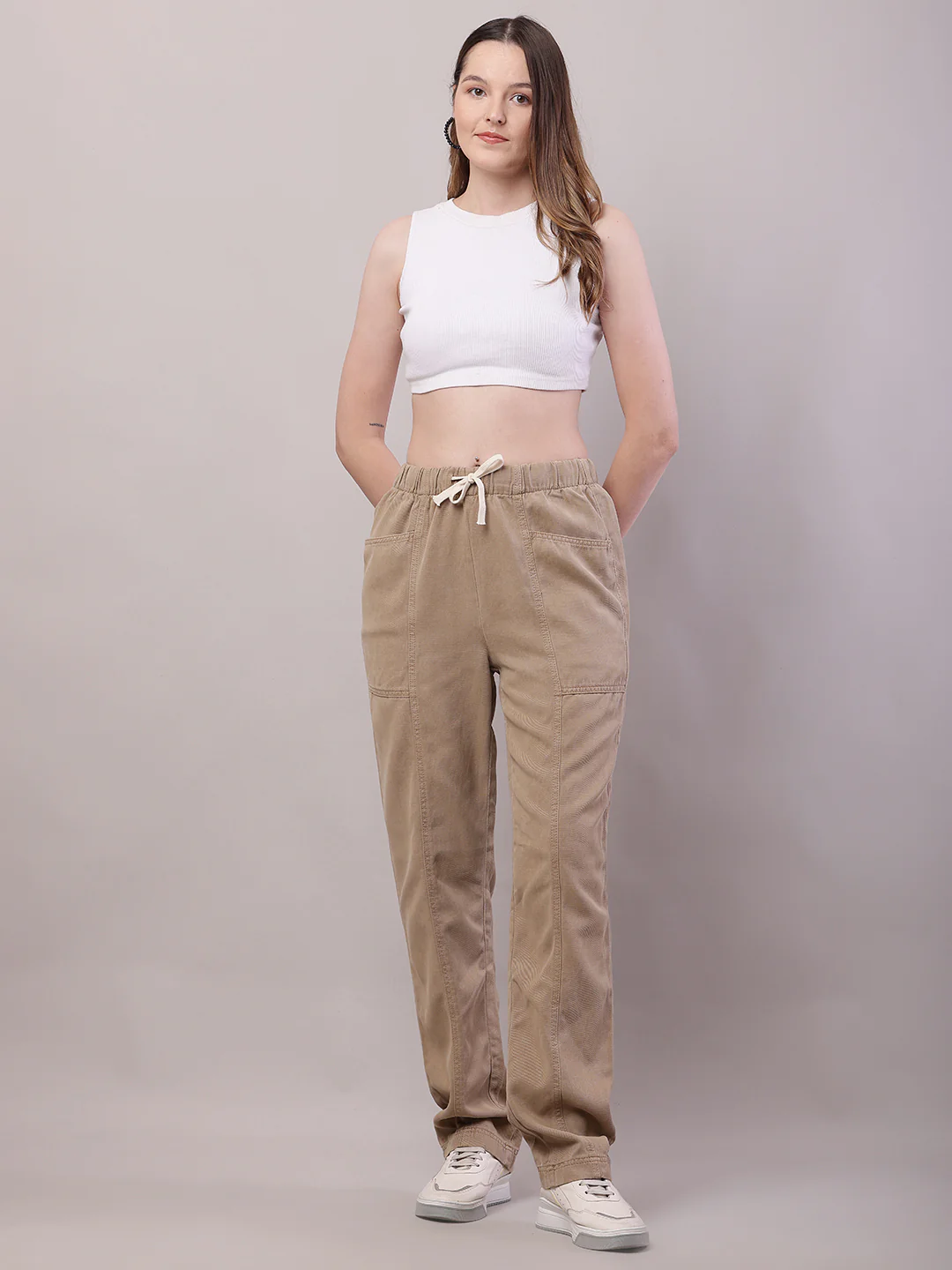 Women Brown Cotton Elastic Drawstring Trouser - Image 3