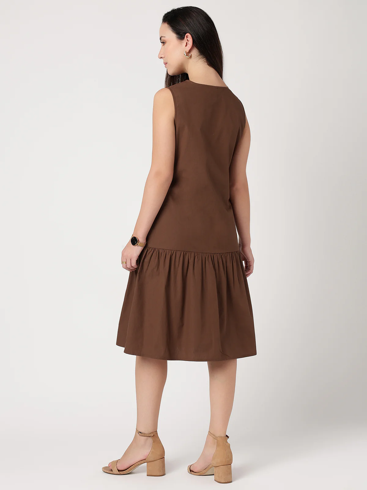 Women Brown Cotton Gathered Dress - Image 2