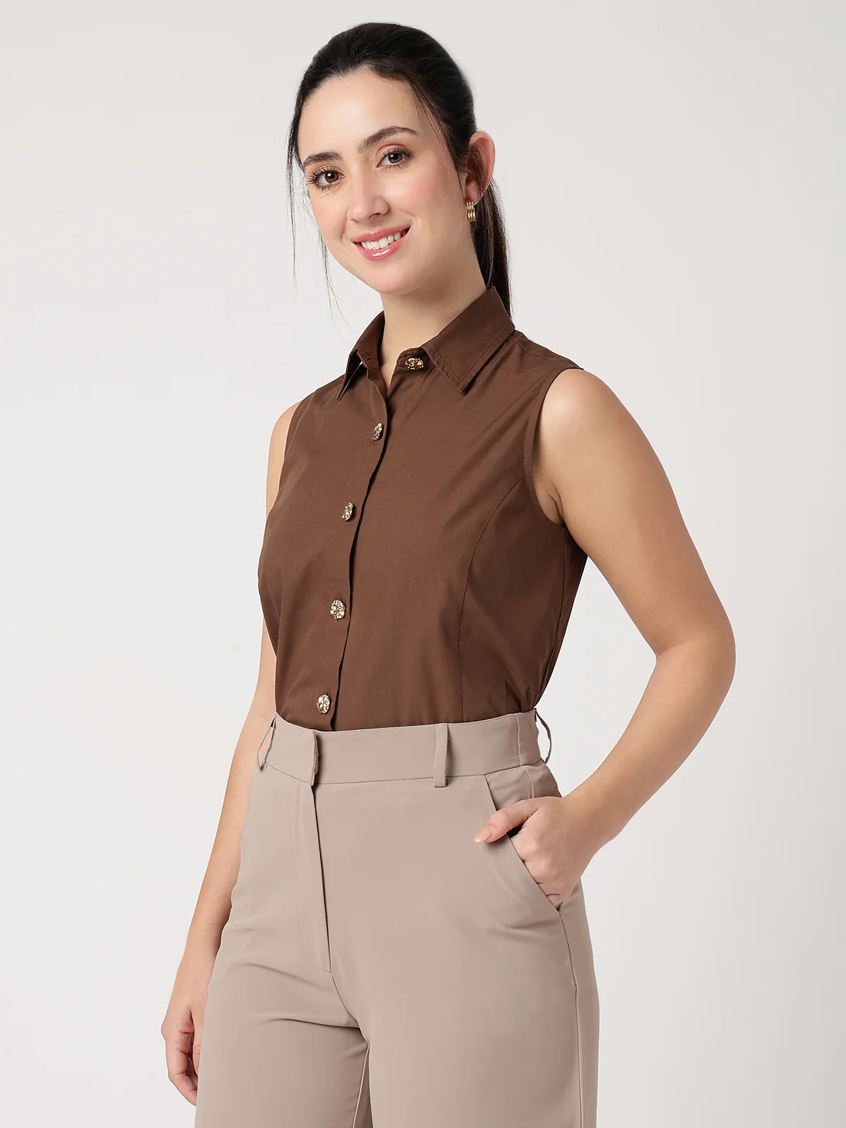Women Brown Cotton Shirt - Image 3