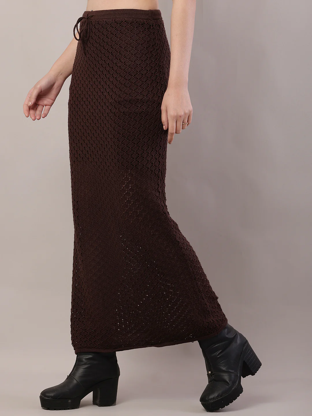 Women Brown Crochet Mesh Sheer Maxi Skirt - Image 2