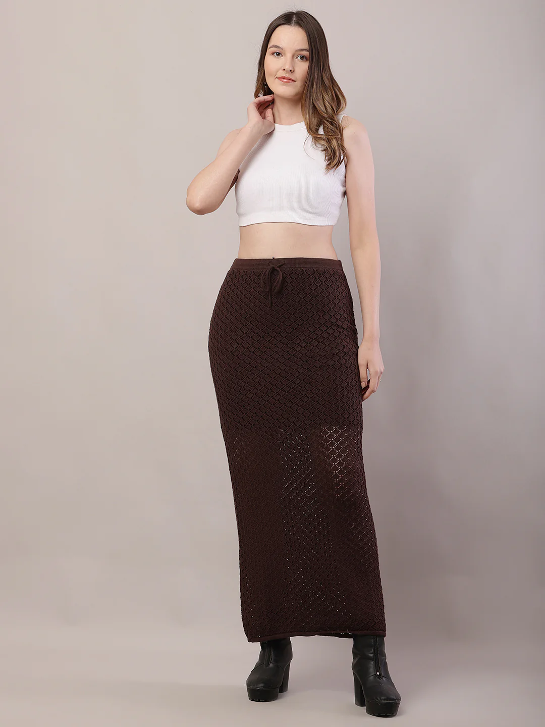 Women Brown Crochet Mesh Sheer Maxi Skirt - Image 3