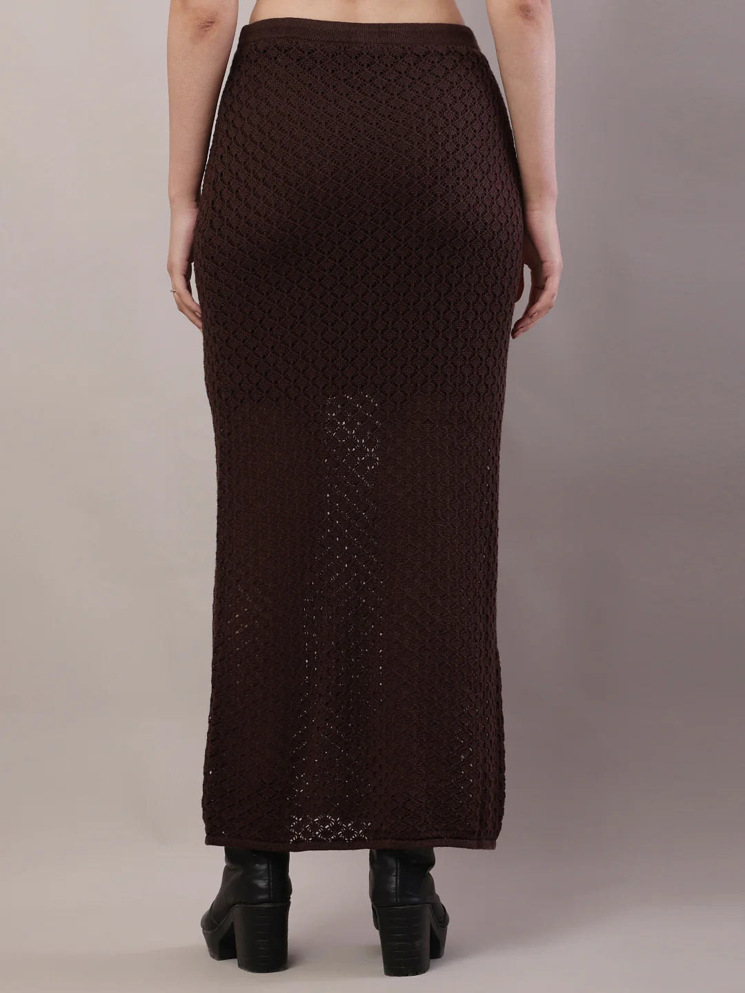 Women Brown Crochet Mesh Sheer Maxi Skirt - Image 4