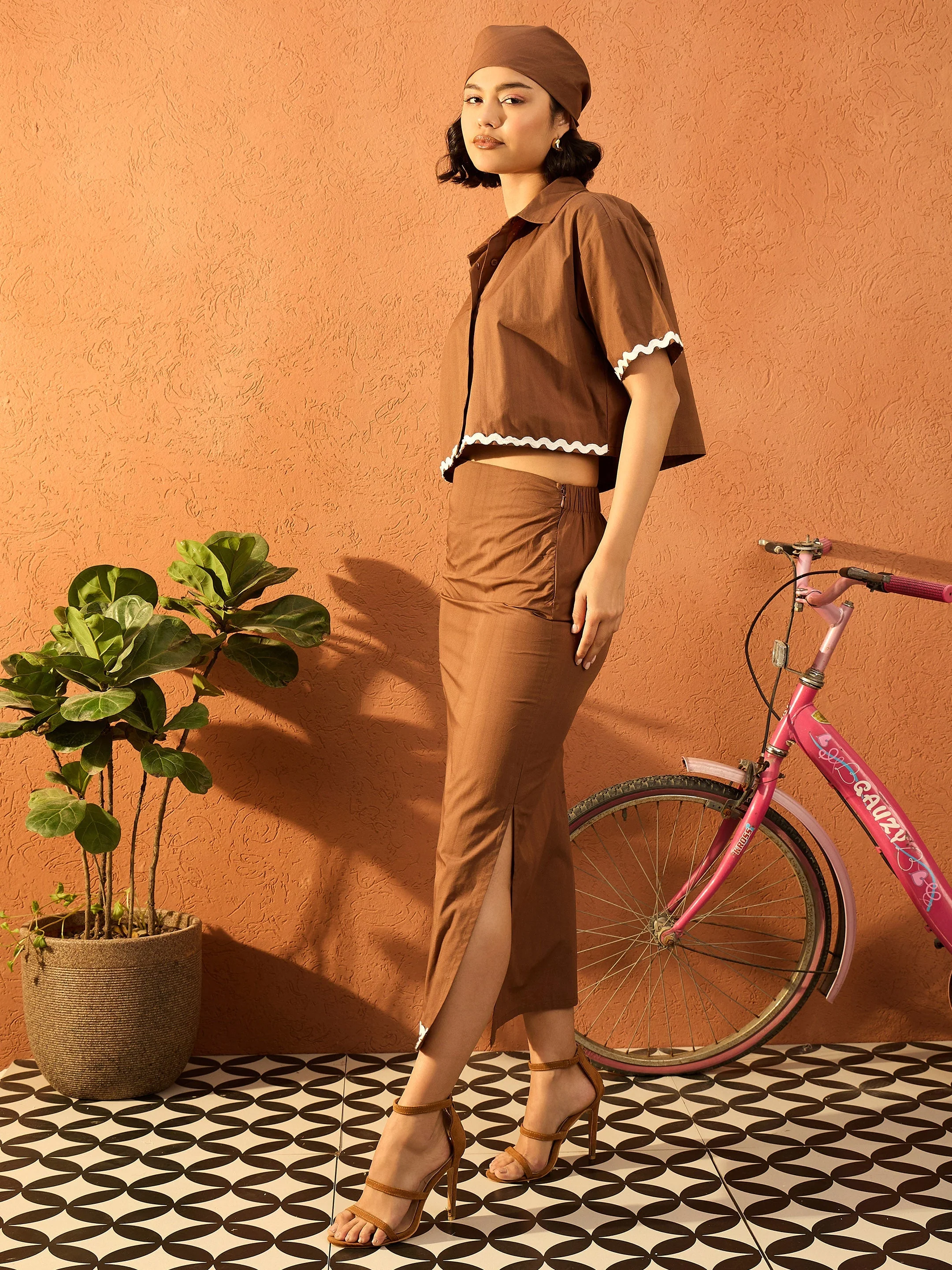 Women Brown Crop Shirt With Ruched Skirt - Image 3
