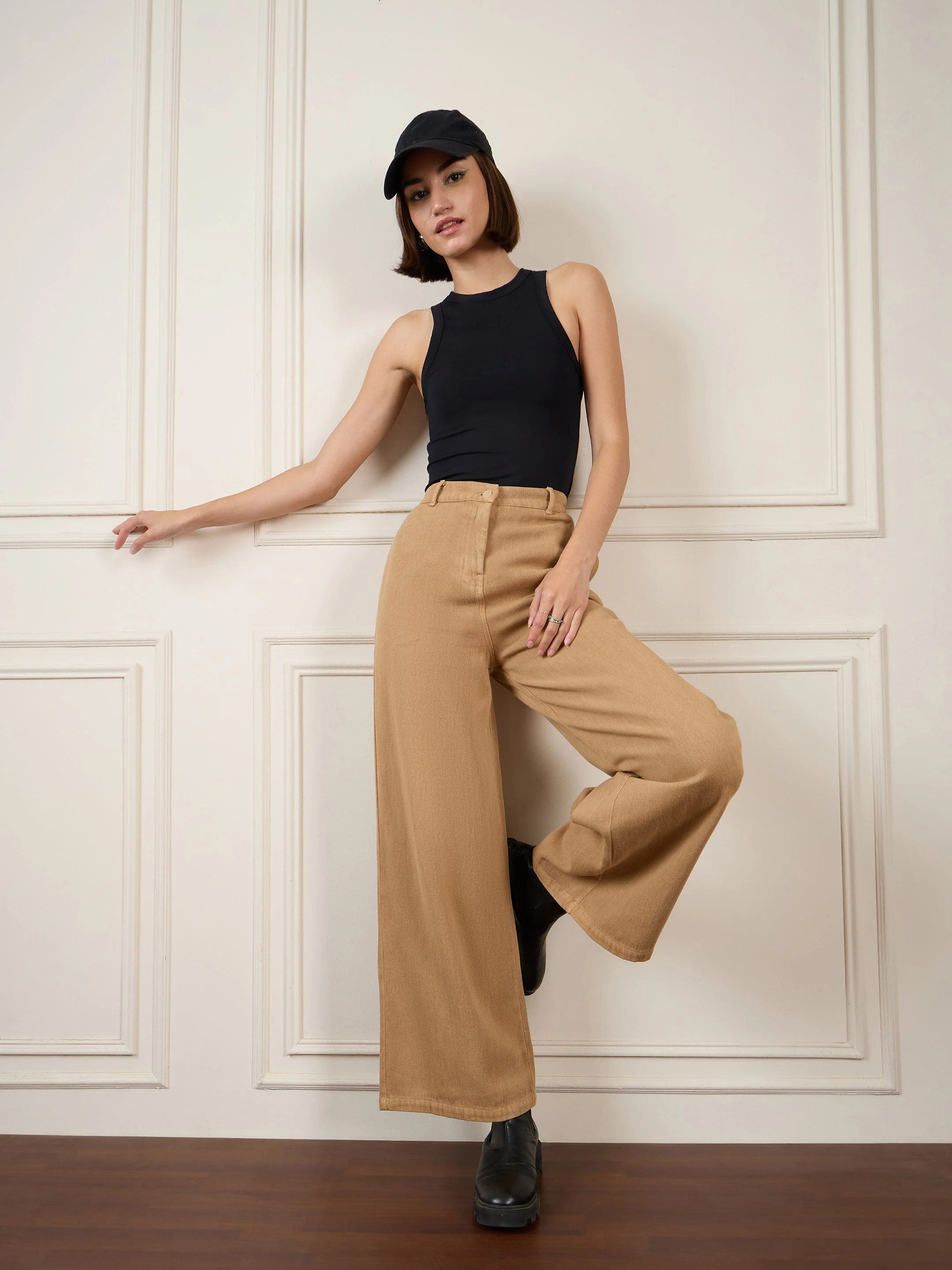 Women Brown Denim Flared Pants - Image 6