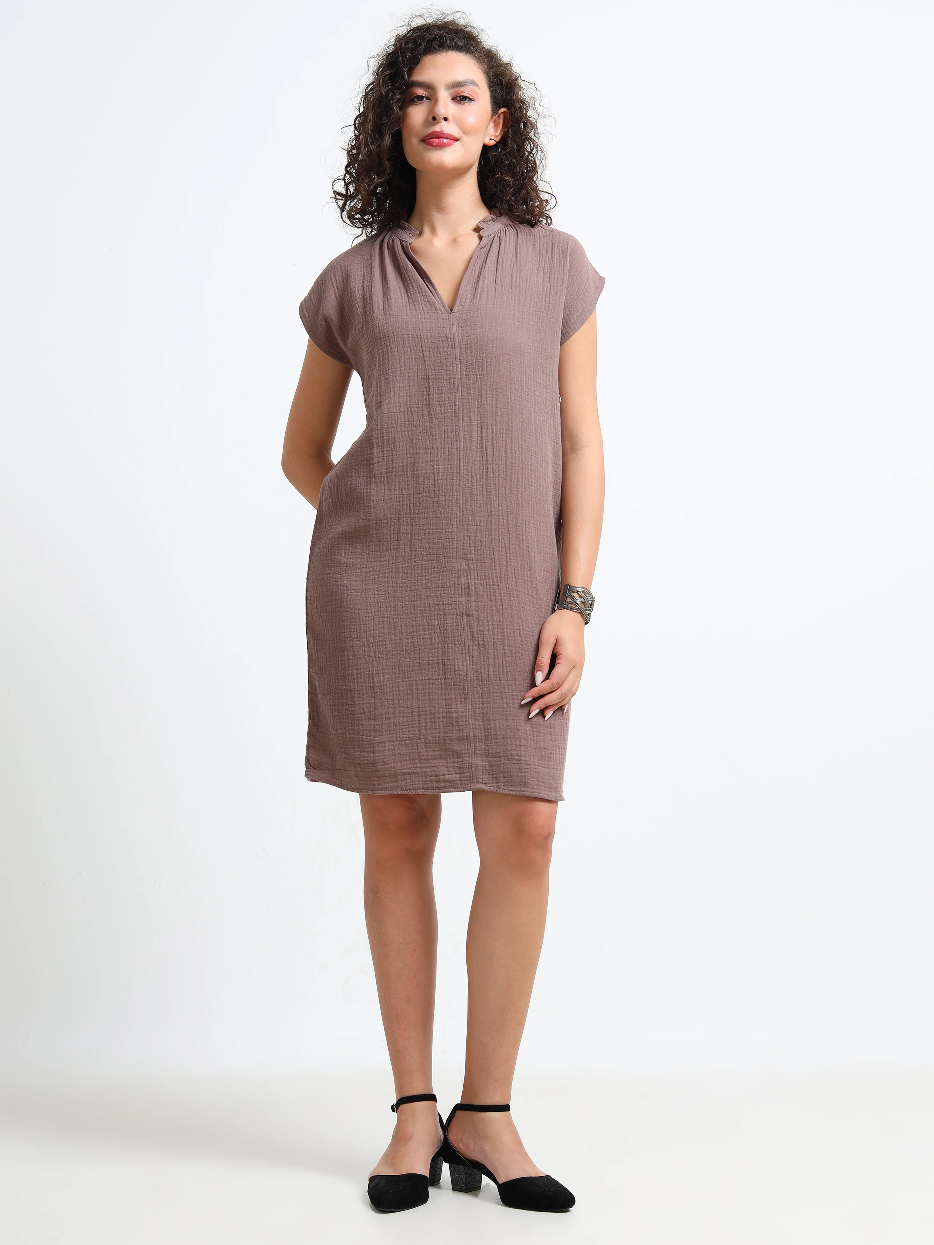 Women Brown Double Gauze Relaxed Dress - Image 2