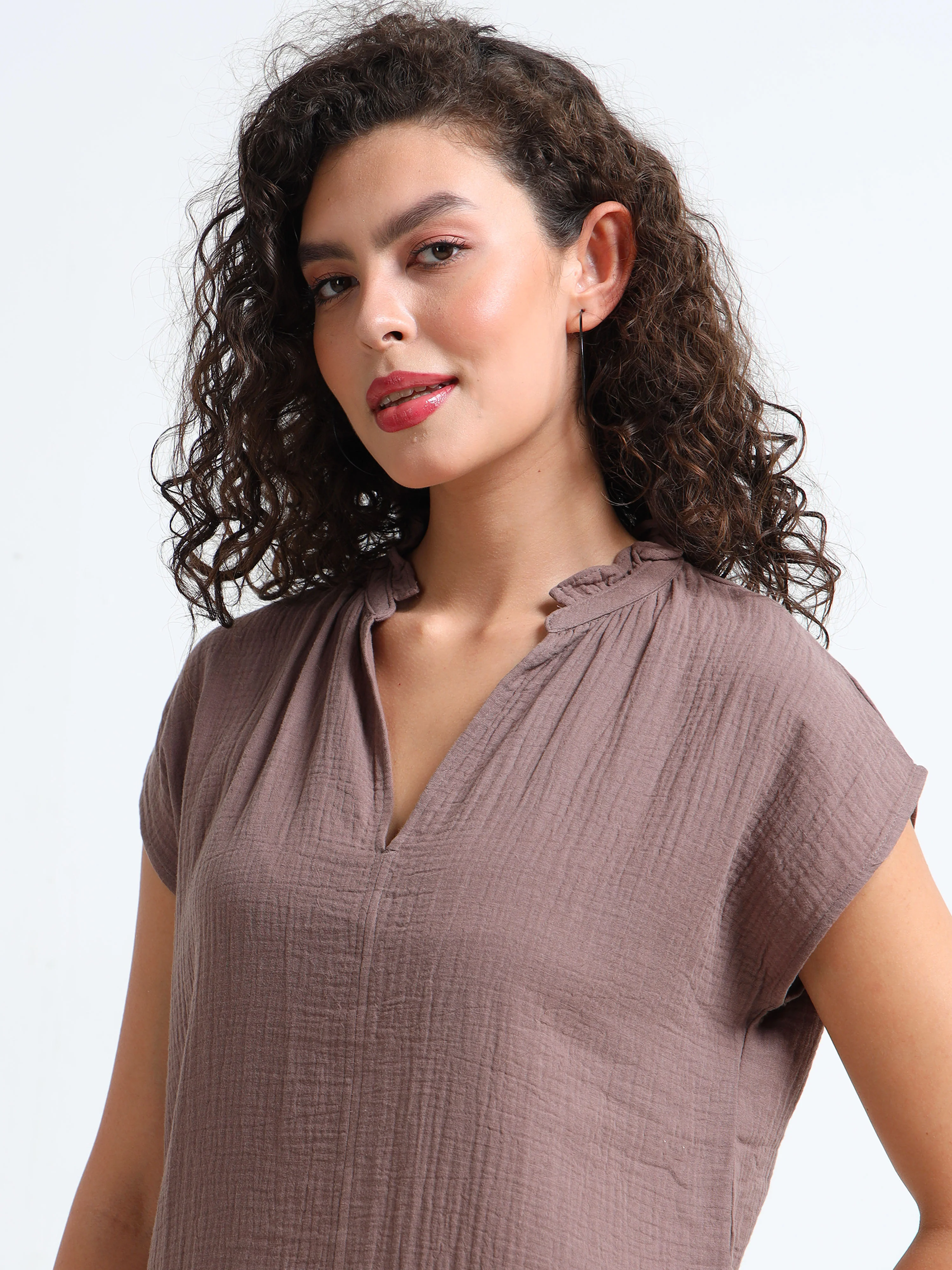 Women Brown Double Gauze Relaxed Dress - Image 3