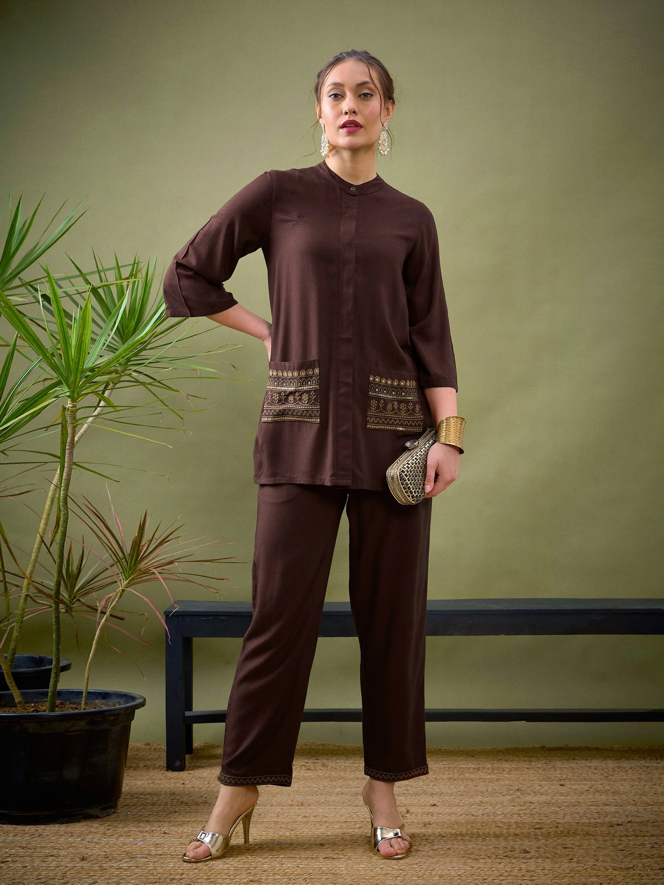 Women Brown Embroidered Pocket Shirt With Palazzos - Image 2