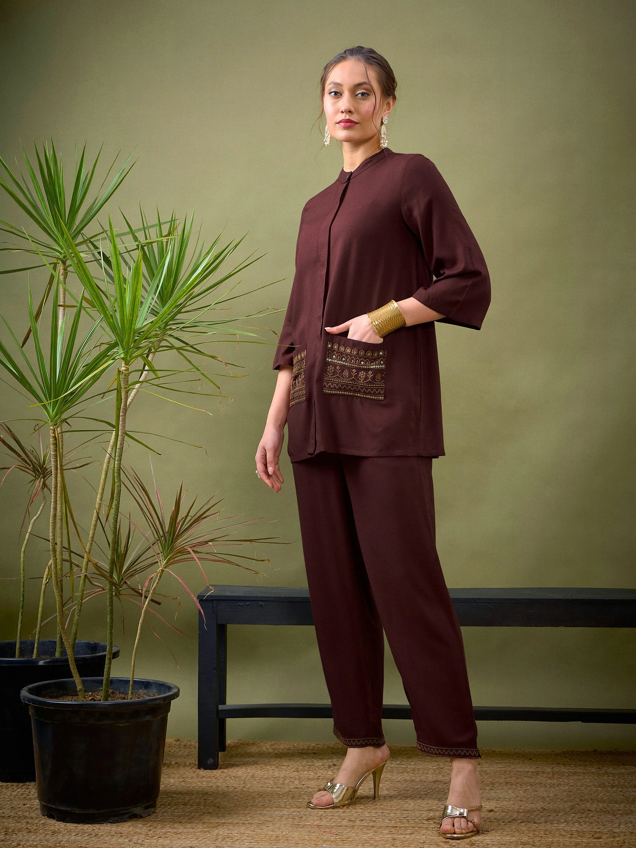Women Brown Embroidered Pocket Shirt With Palazzos - Image 3