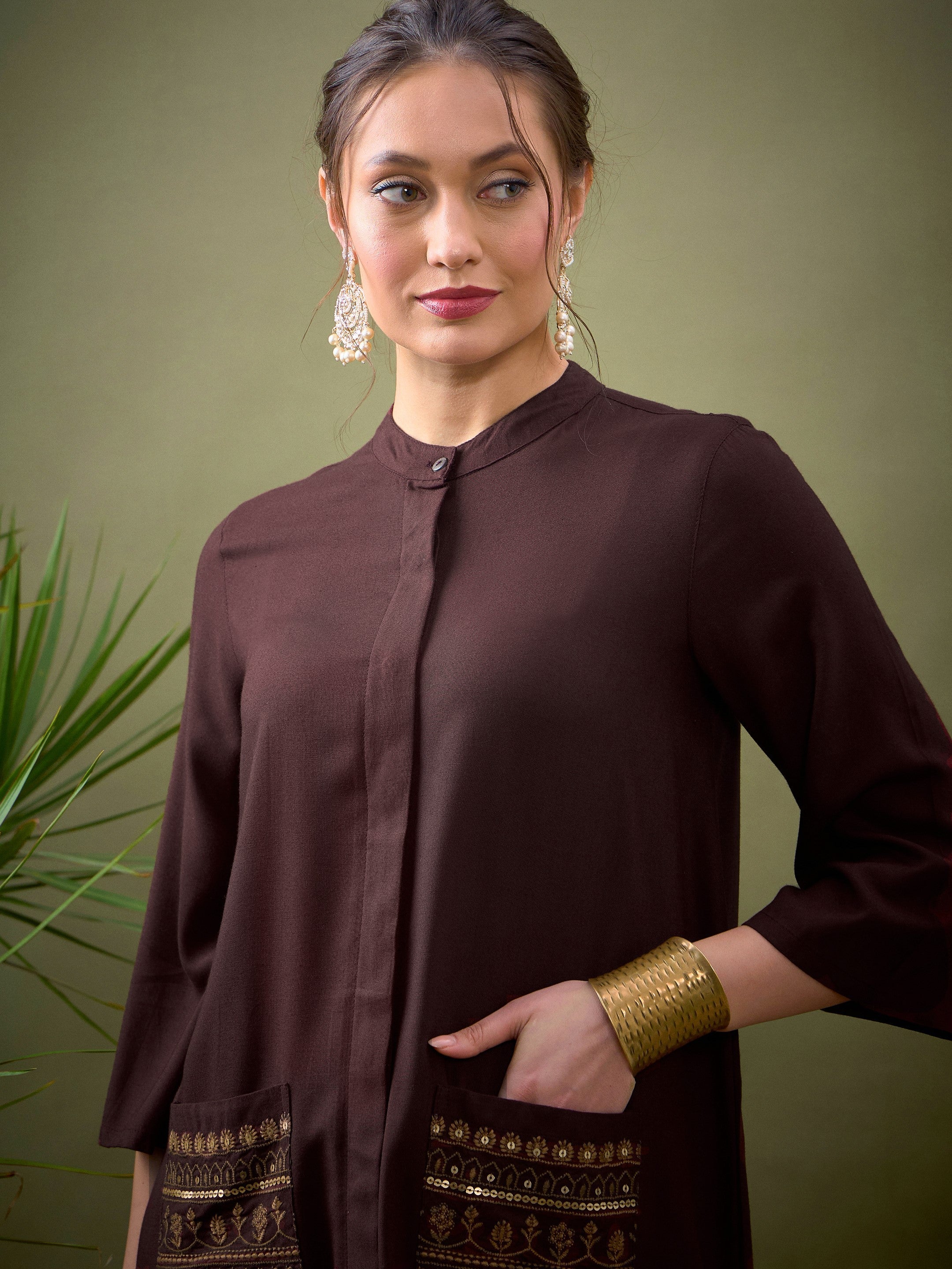 Women Brown Embroidered Pocket Shirt With Palazzos - Image 4