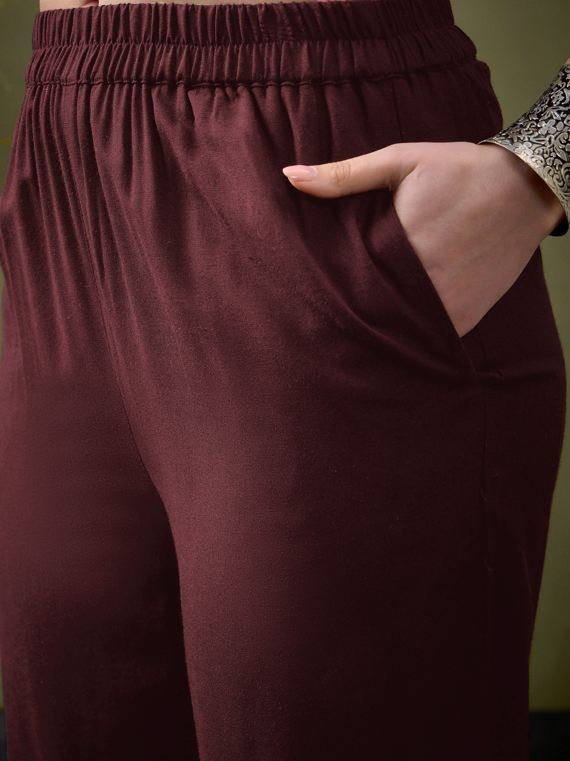 Women Brown Embroidered Pocket Shirt With Palazzos - Image 5