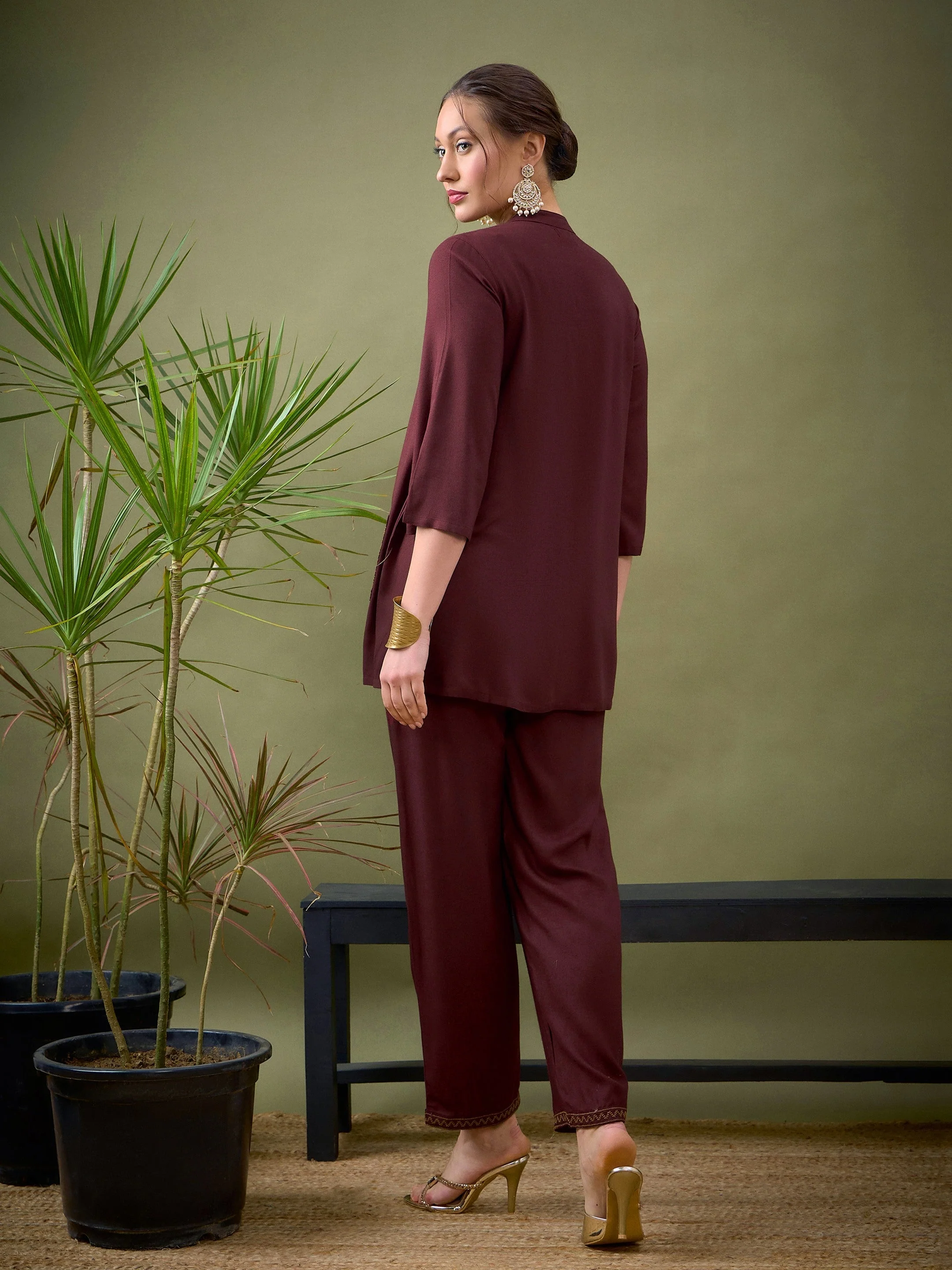 Women Brown Embroidered Pocket Shirt With Palazzos - Image 6
