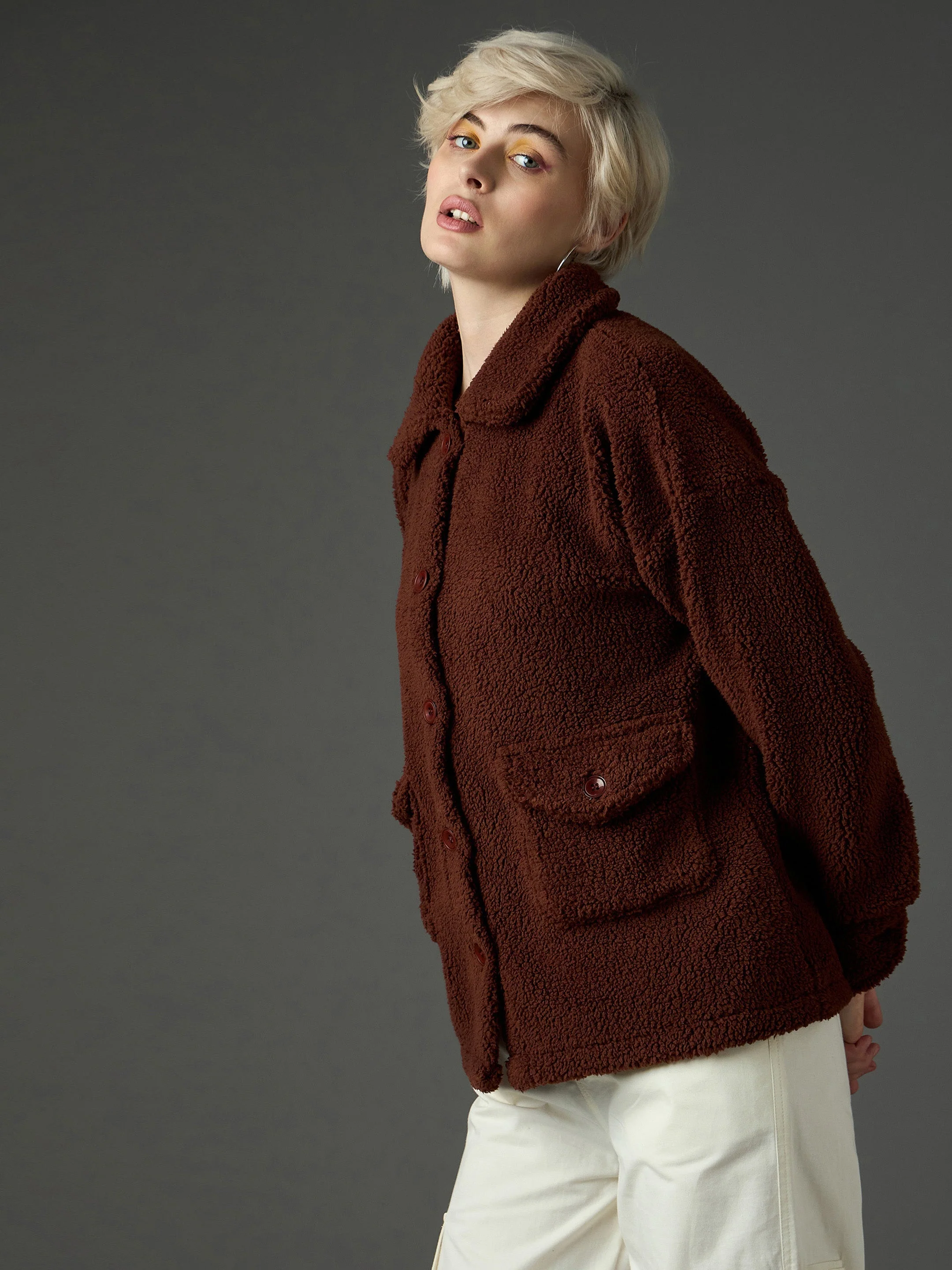 Women Brown Faux Fur Oversized Jacket - Image 3