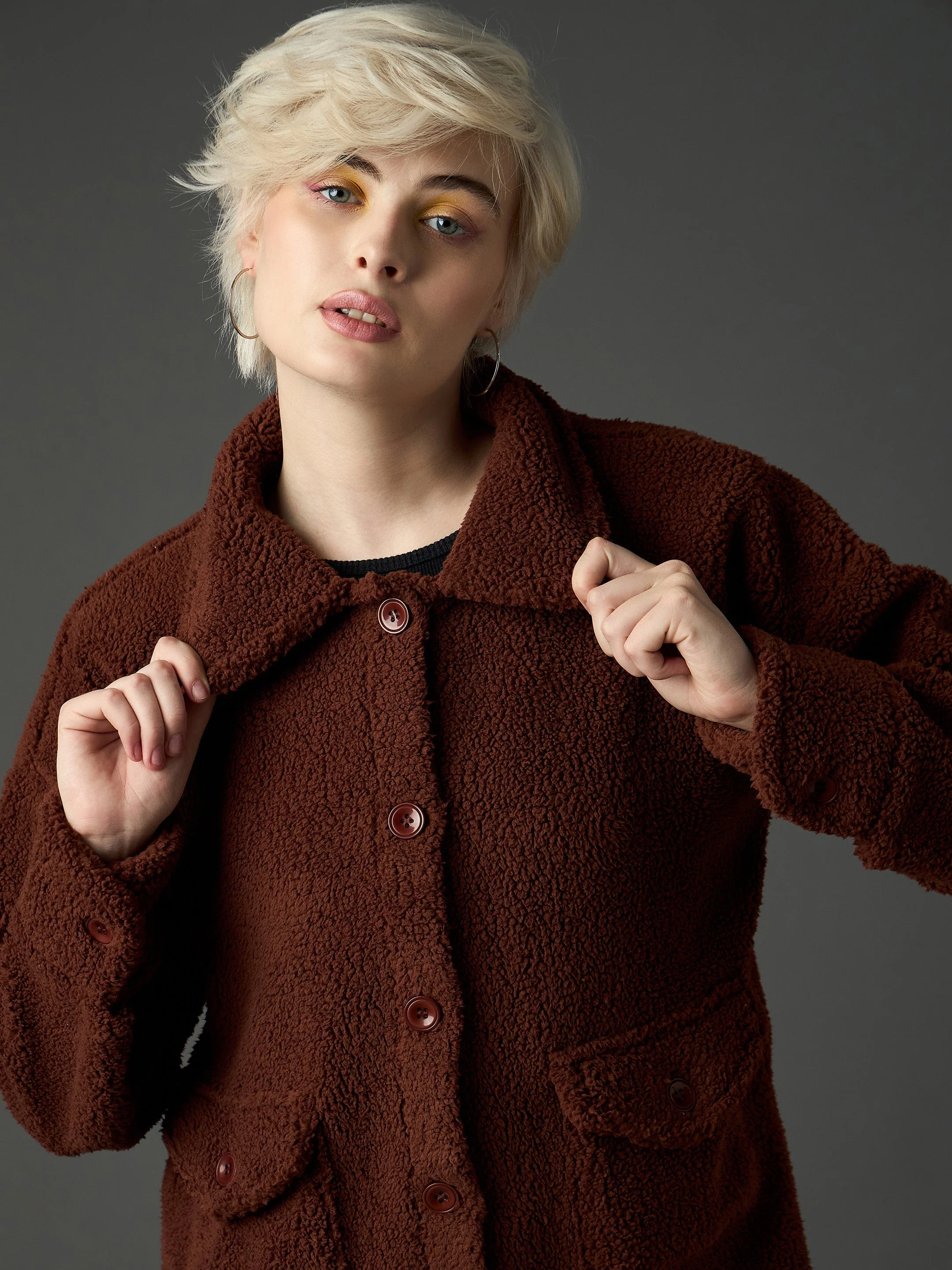 Women Brown Faux Fur Oversized Jacket - Image 4