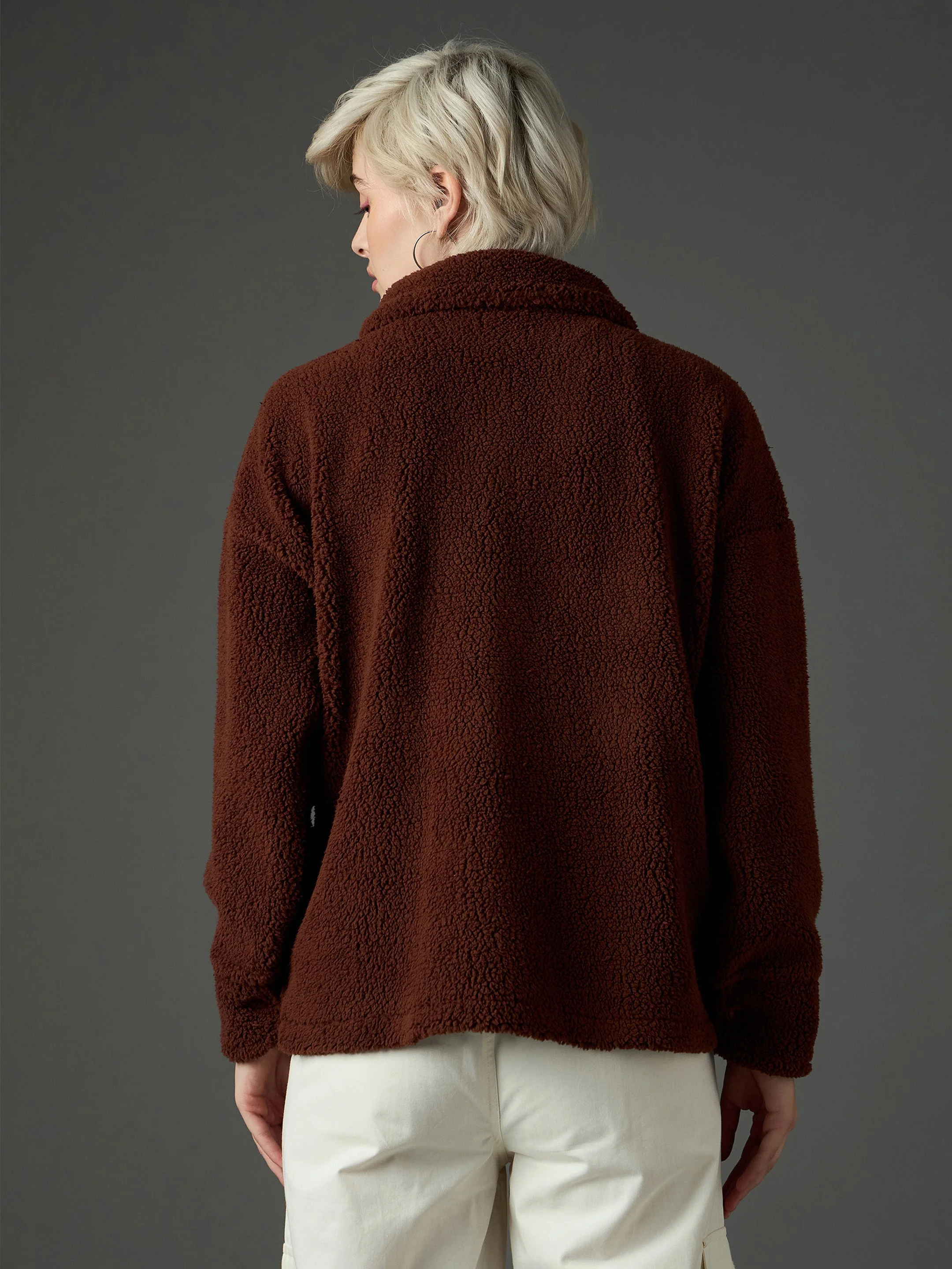 Women Brown Faux Fur Oversized Jacket - Image 5