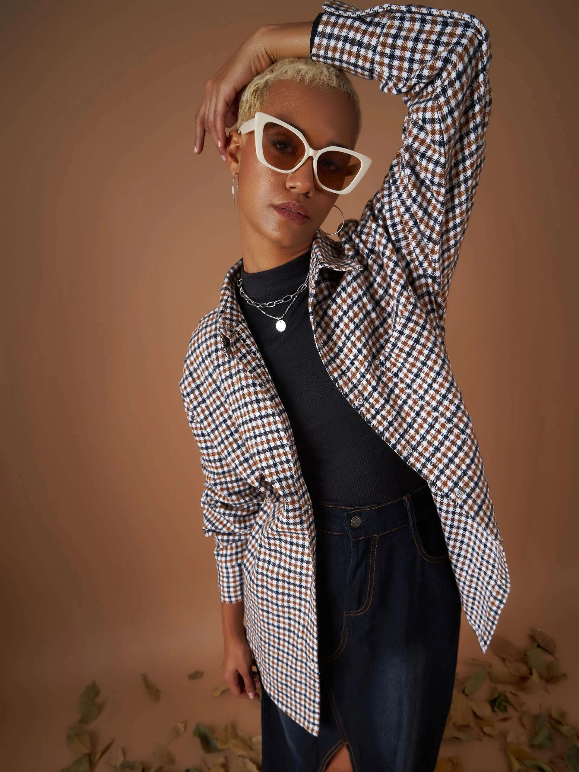 Women Brown Flannel Check Oversized Shirt - Image 2