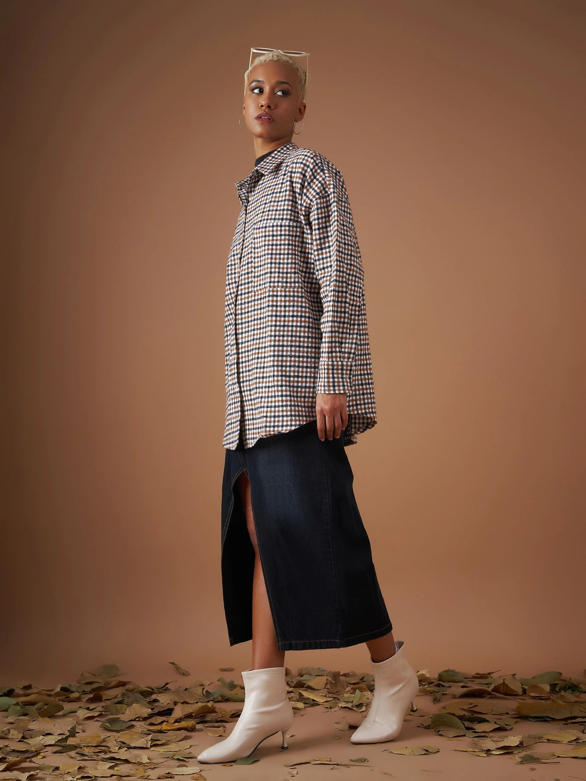 Women Brown Flannel Check Oversized Shirt - Image 3