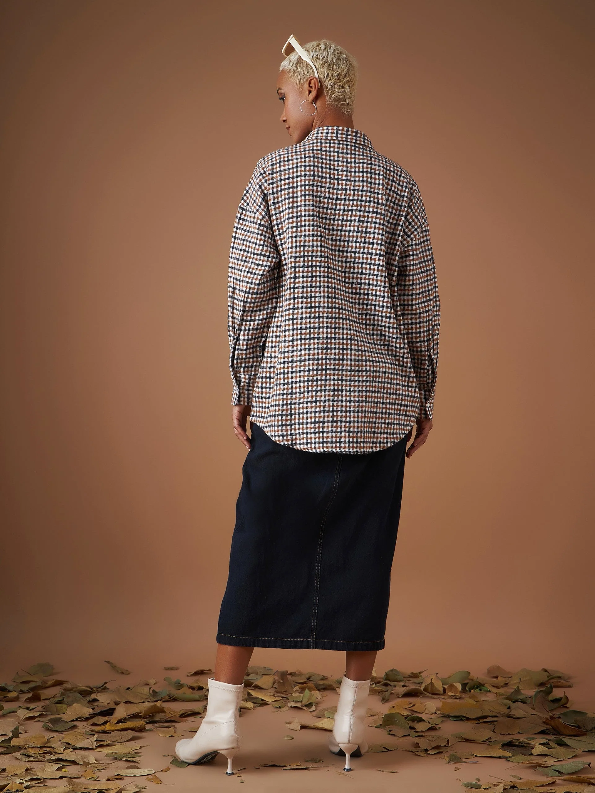 Women Brown Flannel Check Oversized Shirt - Image 5