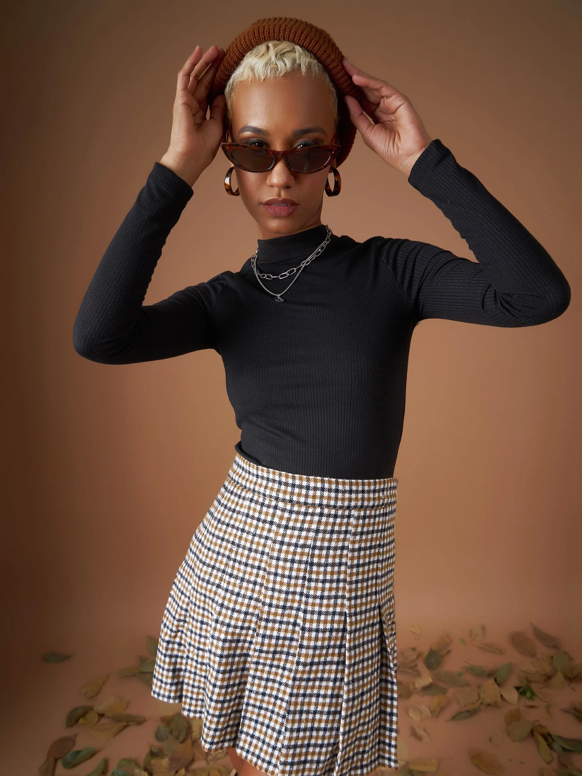 Women Brown Flannel Check Pleated Mini Skirt - Image 2