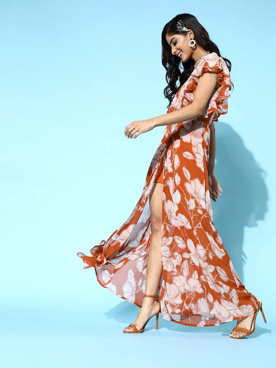 Women Brown Floral Frill Sleeve Maxi - Image 3