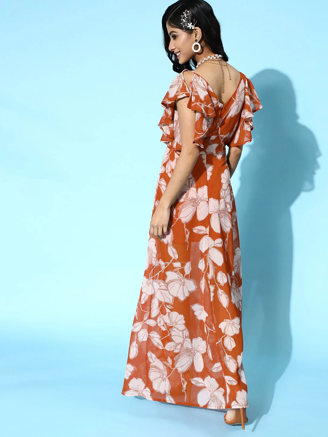 Women Brown Floral Frill Sleeve Maxi - Image 4