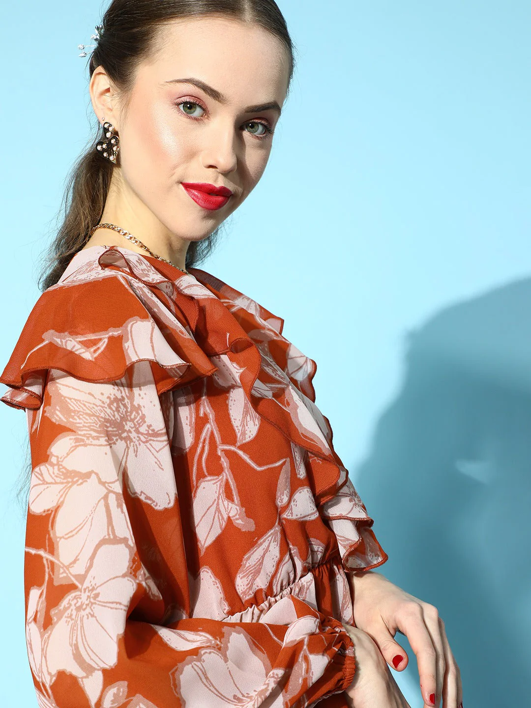 Women Brown Floral Frilly Wrap Top - Image 5