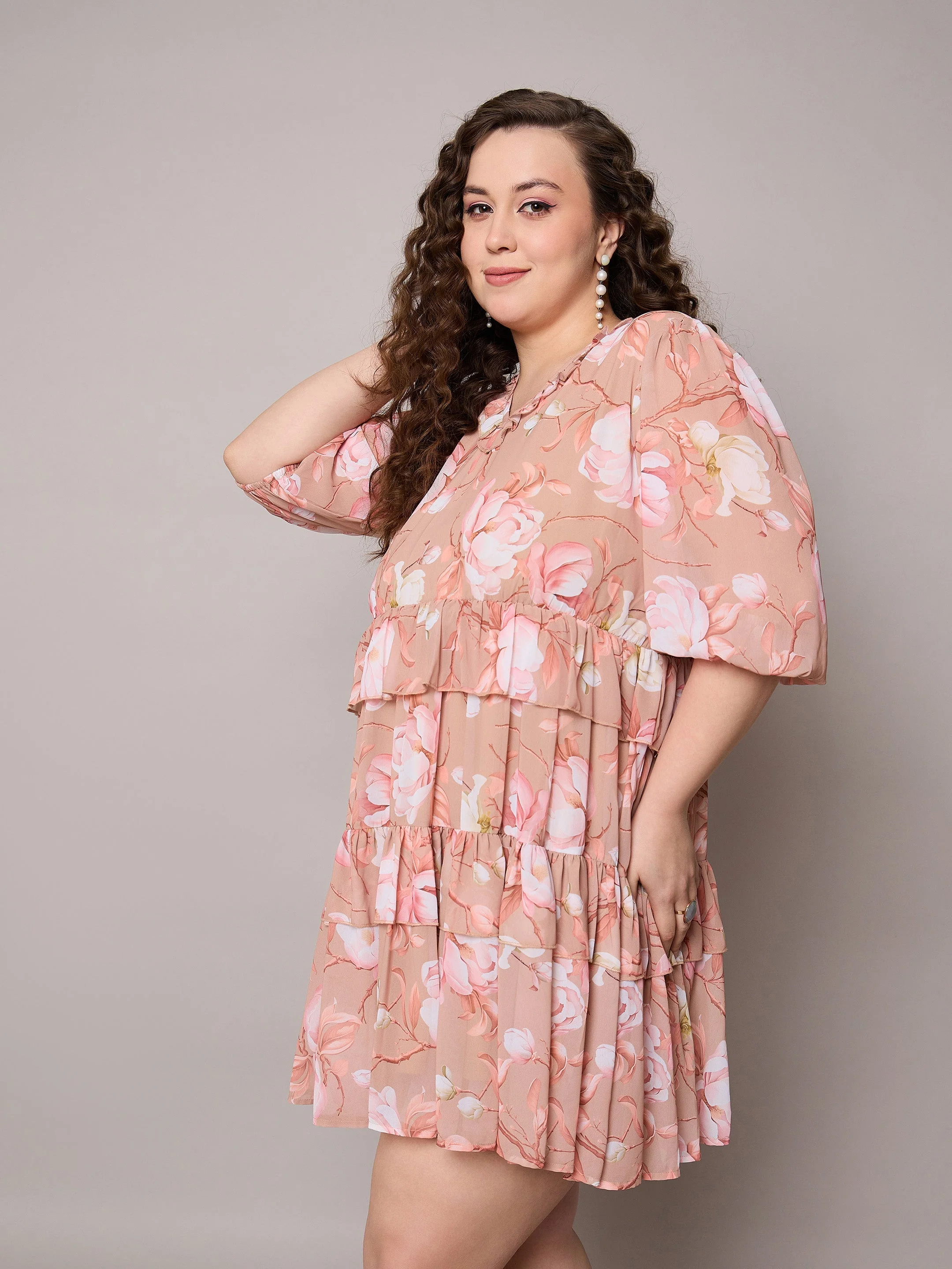 Women Brown Floral Short Tiered Dress - Image 3