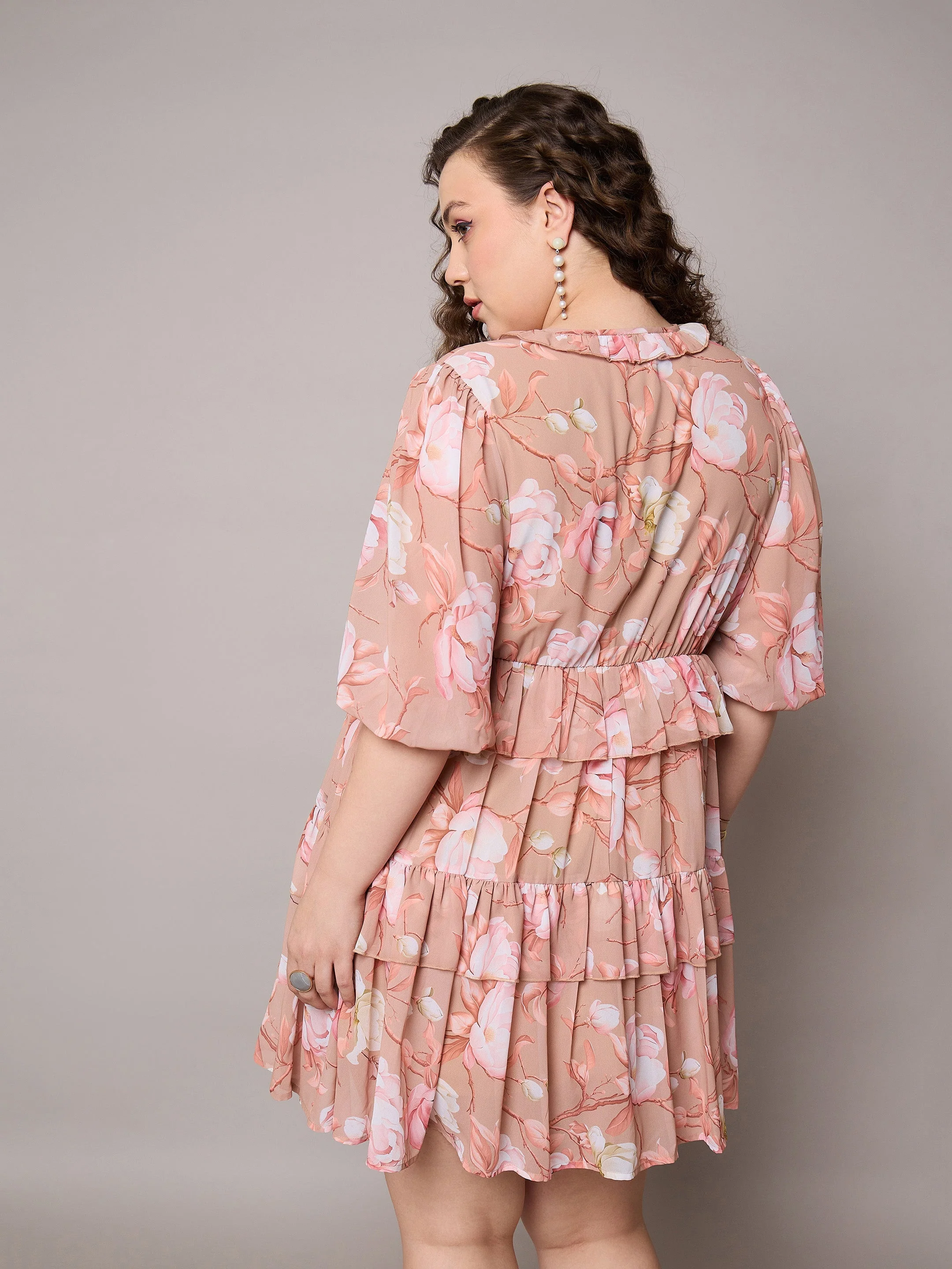 Women Brown Floral Short Tiered Dress - Image 5