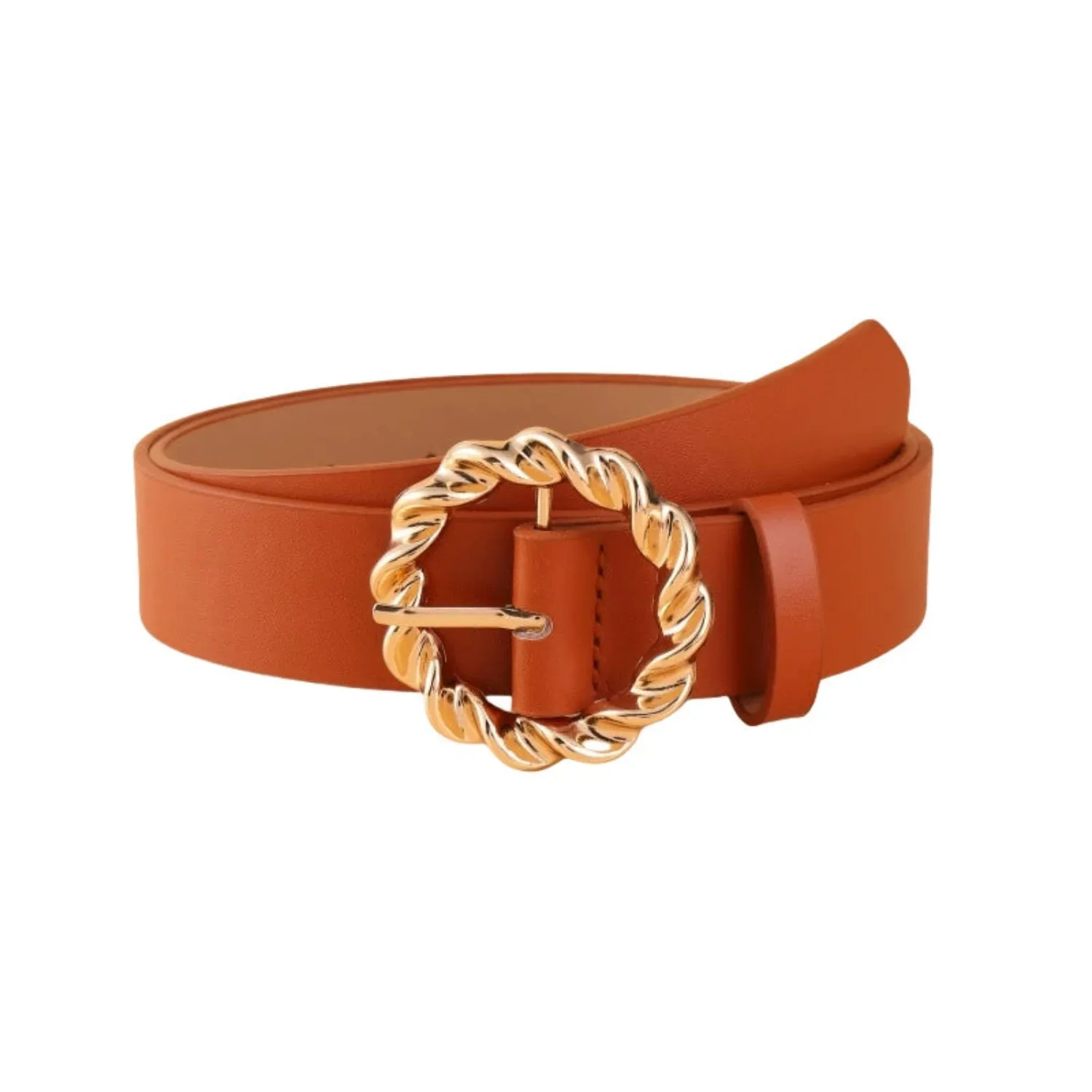 Women Brown Gold Turn Lock Slim Belt - Image 2