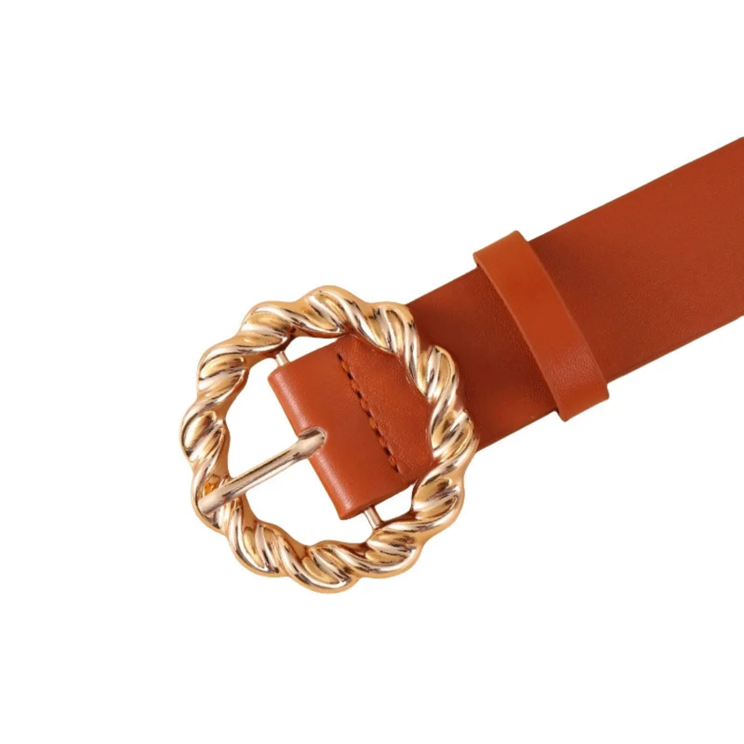 Women Brown Gold Turn Lock Slim Belt - Image 3